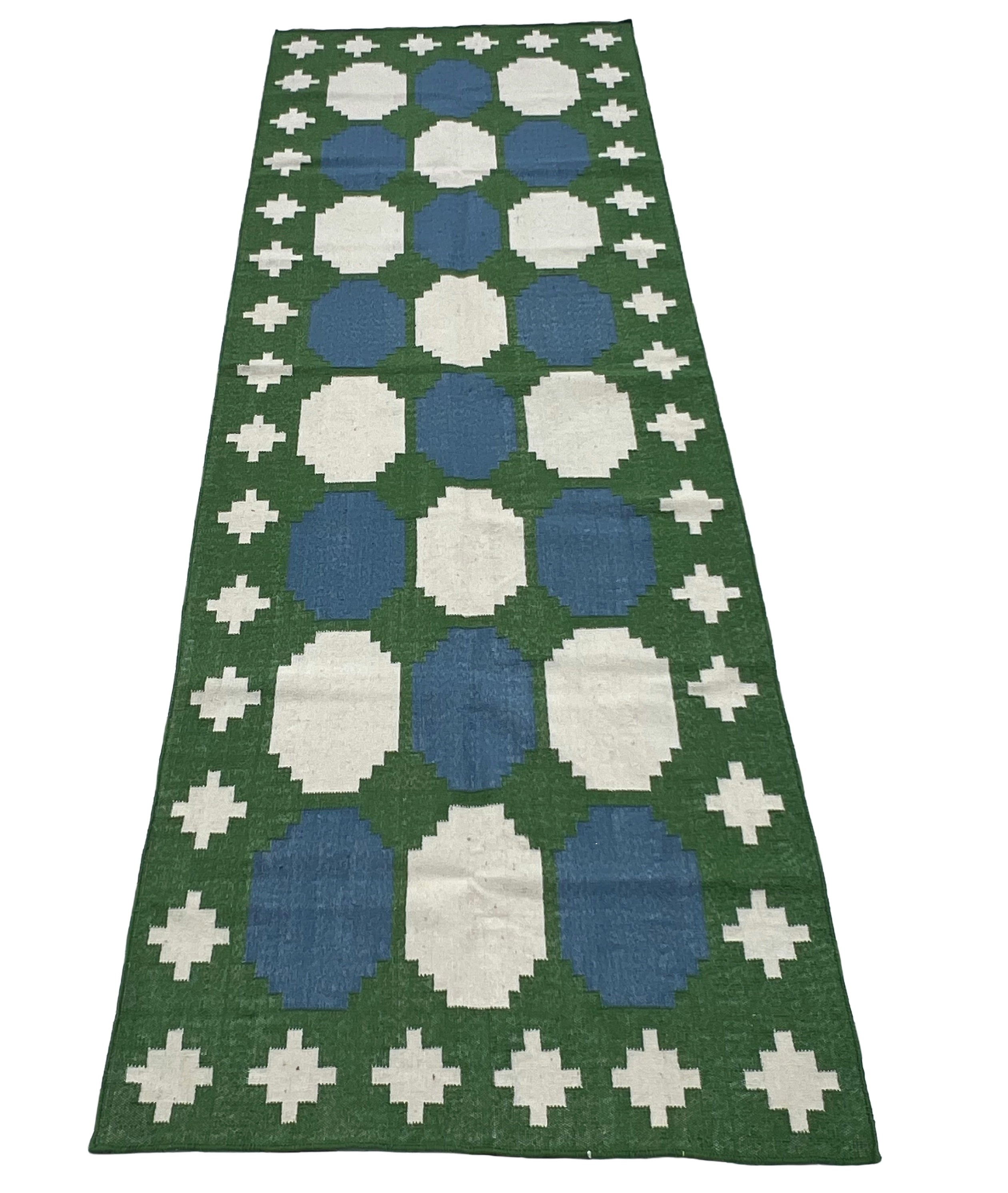 Modern Handmade New Zealand Wool Moss Green, Cream And Sky Blue Geometric Runner-6838