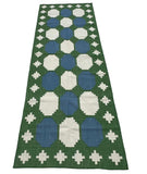 Modern Handmade New Zealand Wool Moss Green, Cream And Sky Blue Geometric Runner-6838