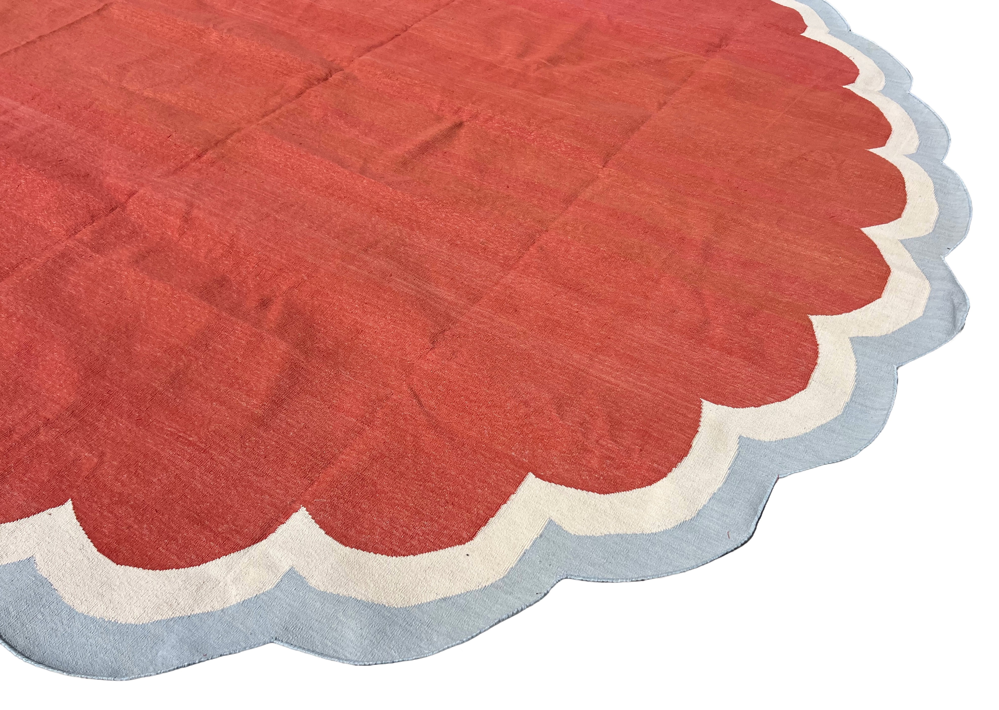 Handmade Cotton Terracotta, Cream And Sky Blue Round Scalloped Rug -9669