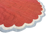 Handmade Cotton Terracotta, Cream And Sky Blue Round Scalloped Rug -9669