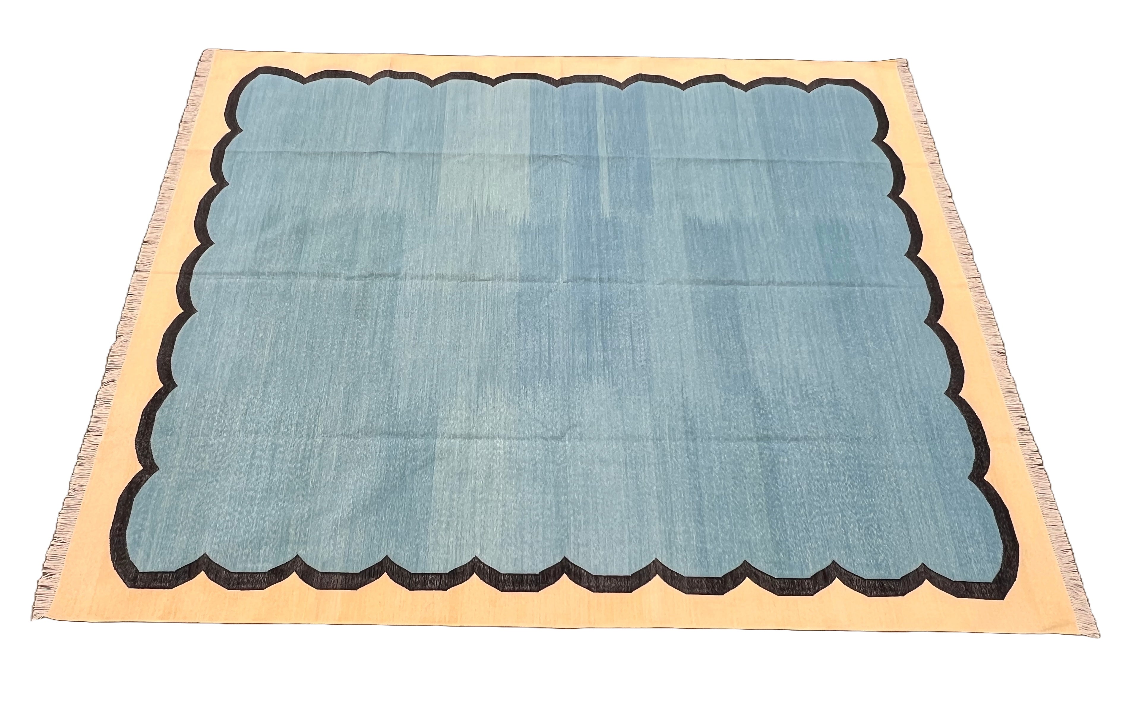 Modern Handmade Cotton Teal Blue, Black and Cream Scalloped Rug-6766