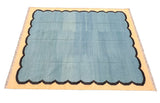 Modern Handmade Cotton Teal Blue, Black and Cream Scalloped Rug-6766