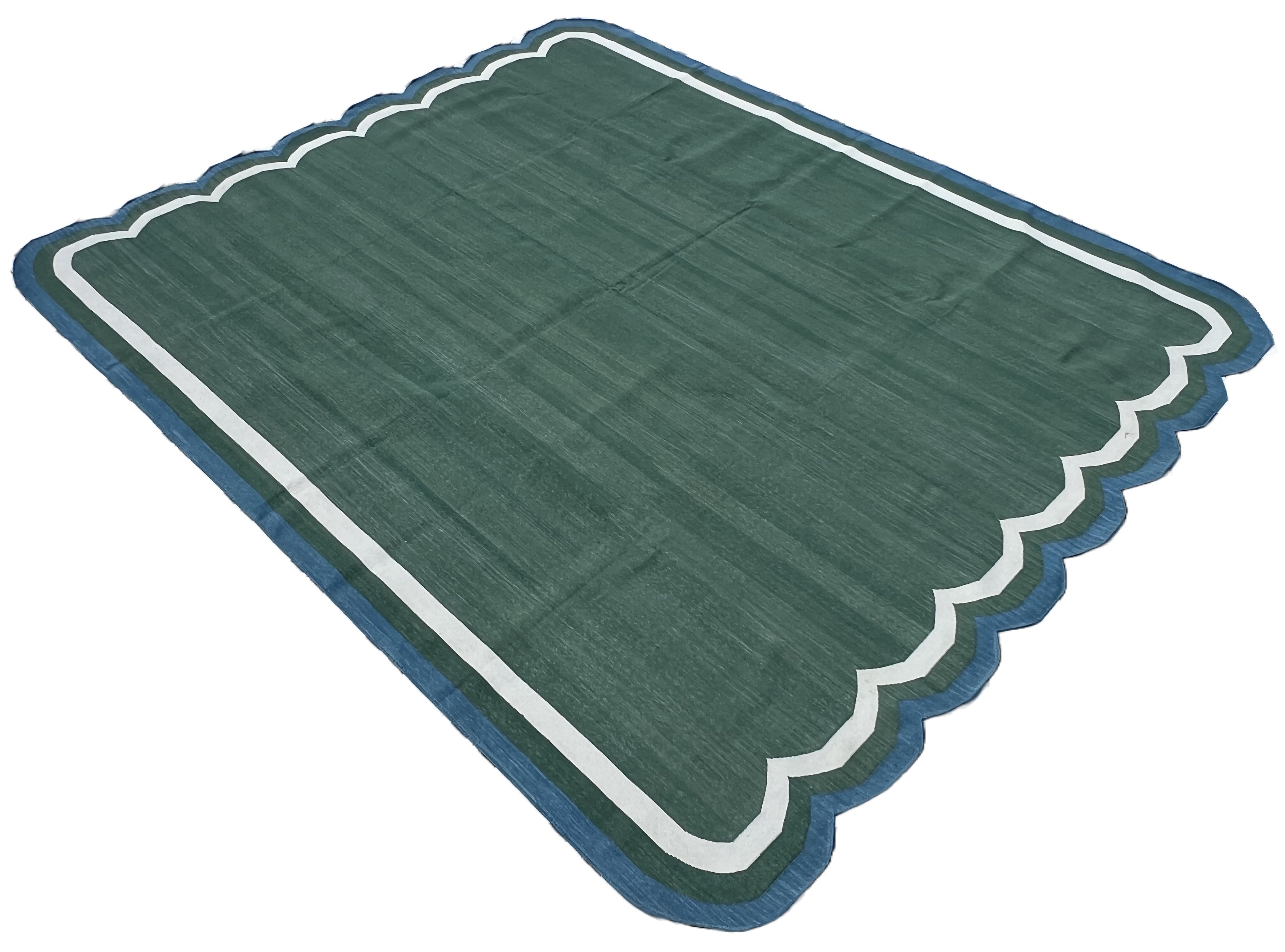 Modern Handmade Cotton Forest Green, Cream And Teal Blue Two Sided Scalloped Rug-9671