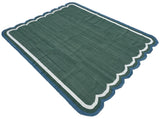 Modern Handmade Cotton Forest Green, Cream And Teal Blue Two Sided Scalloped Rug-9671
