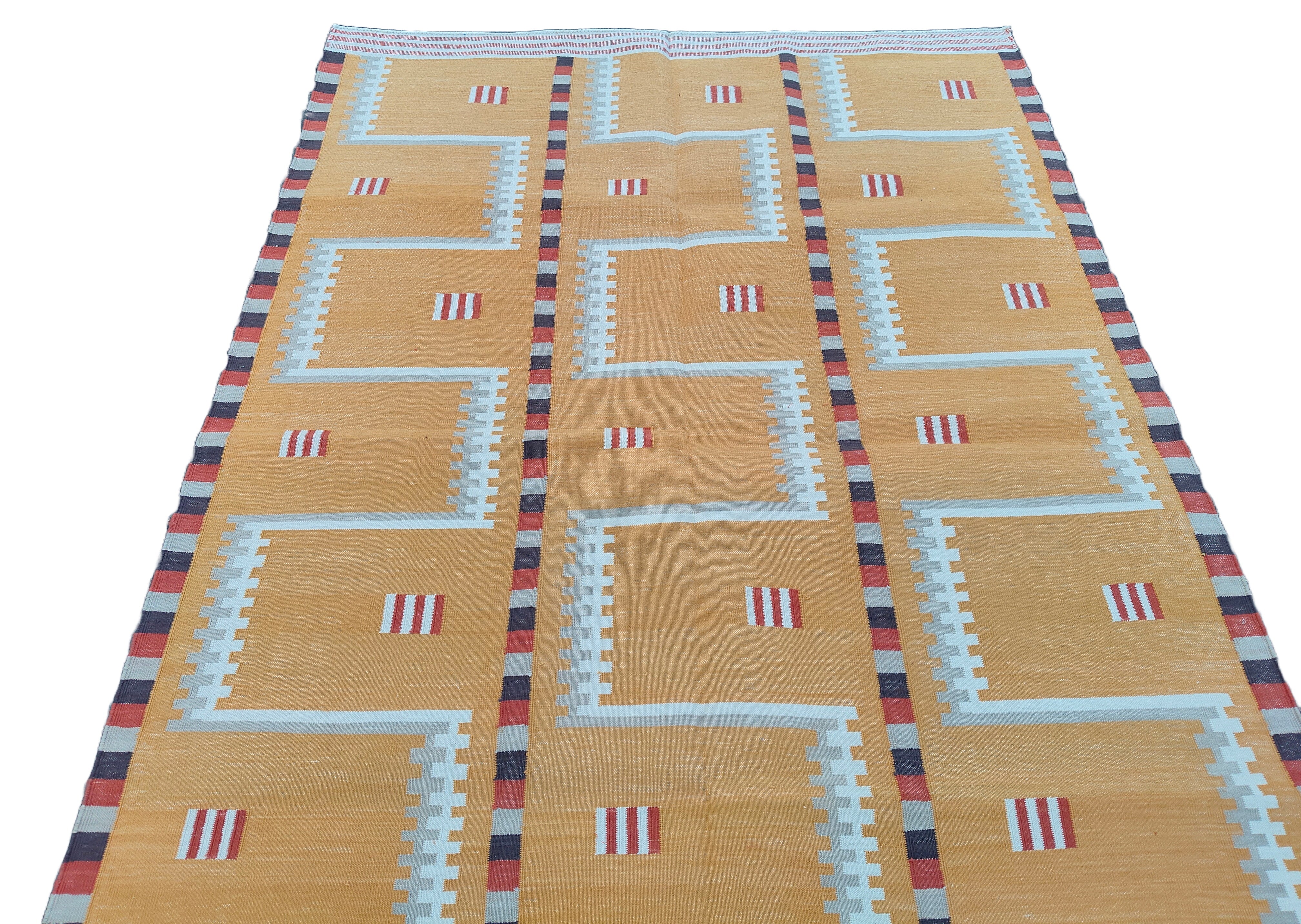 Modern Handmade Cotton Rug, 4x6 Mustard And Cream Geometric Rug-6776