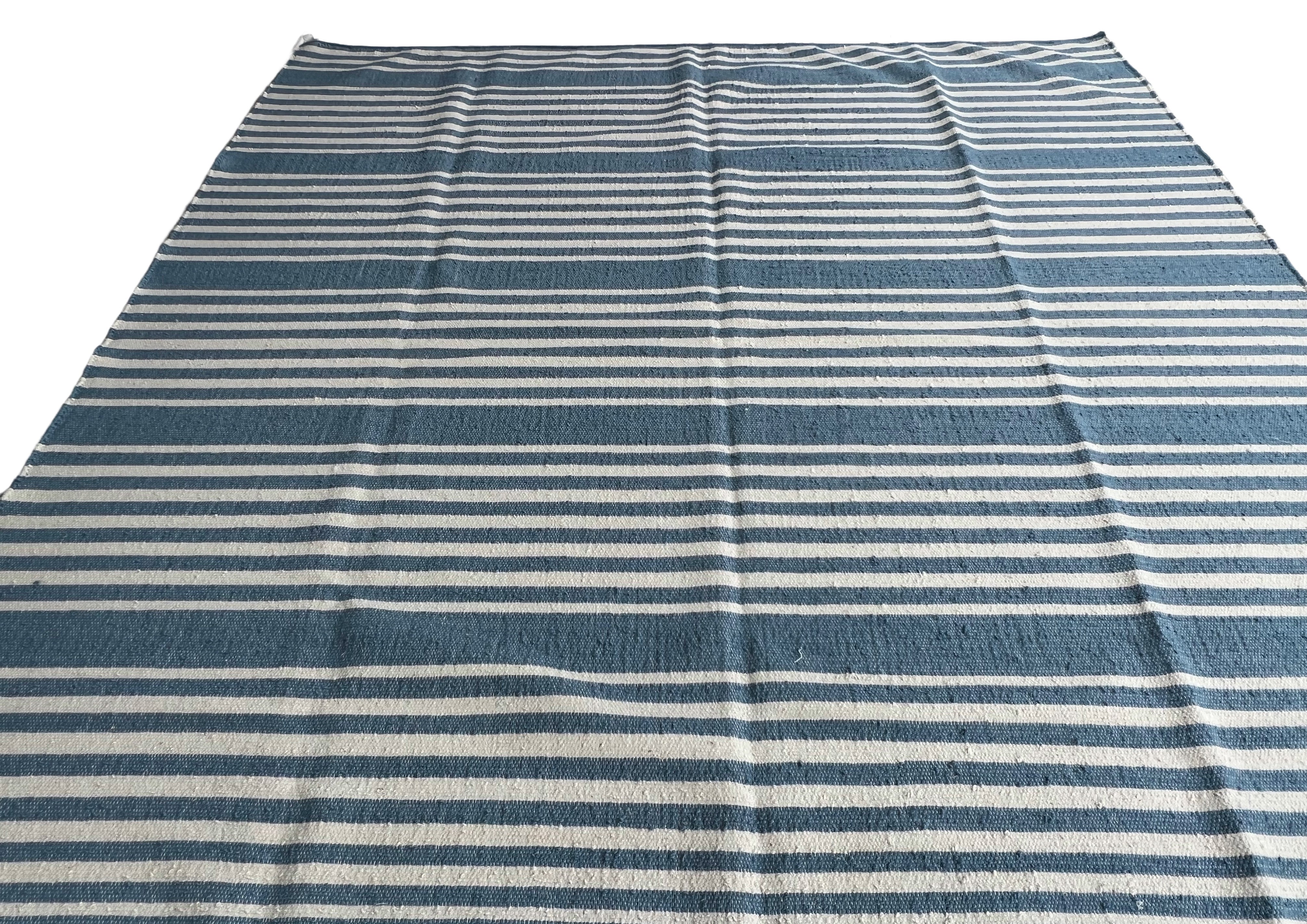 Modern Handmade Thick Woolen Sky Blue And White Striped Rug-6833