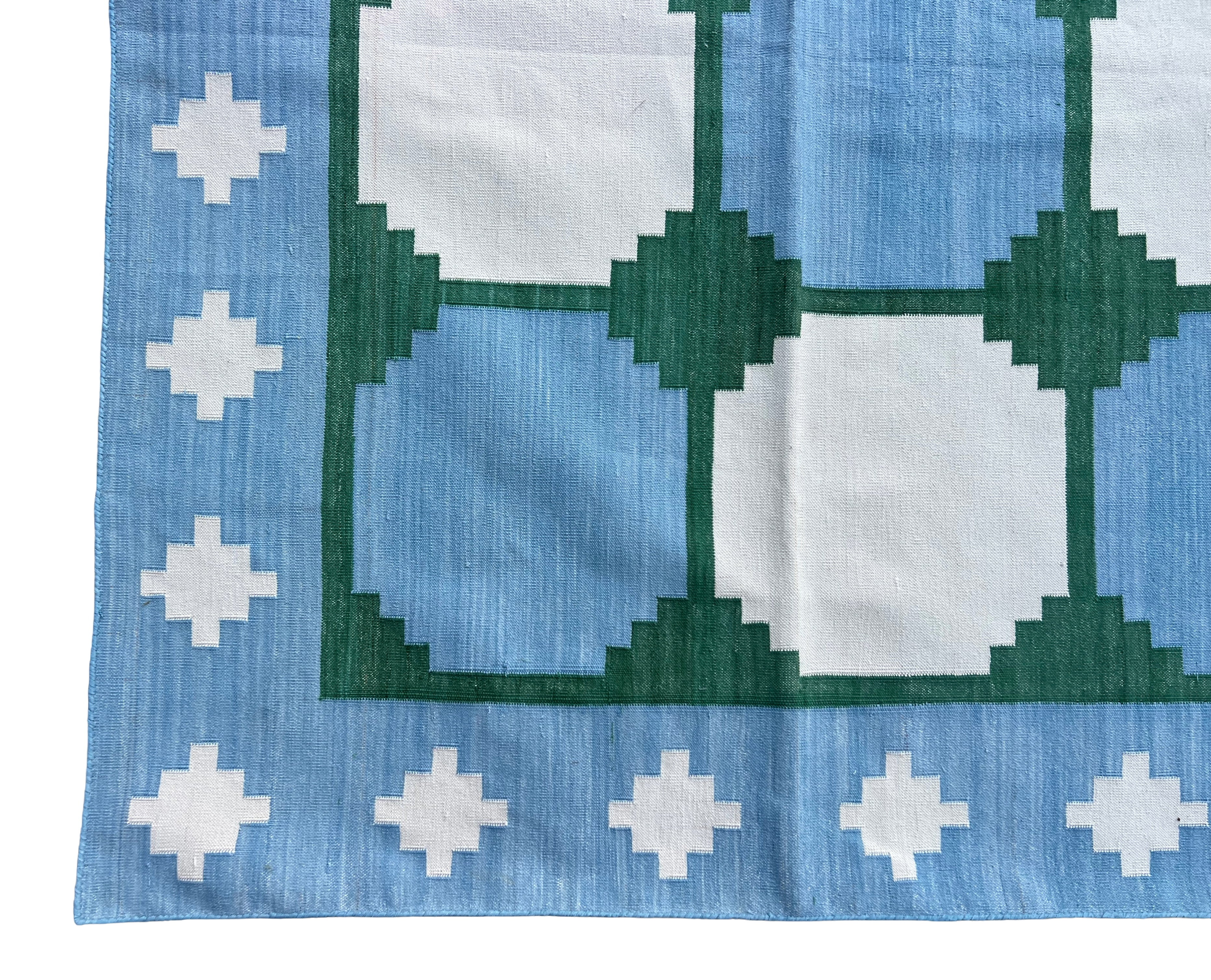 Modern Handmade Cotton Sky Blue And Green Geometric Swedish Star Rug-6813