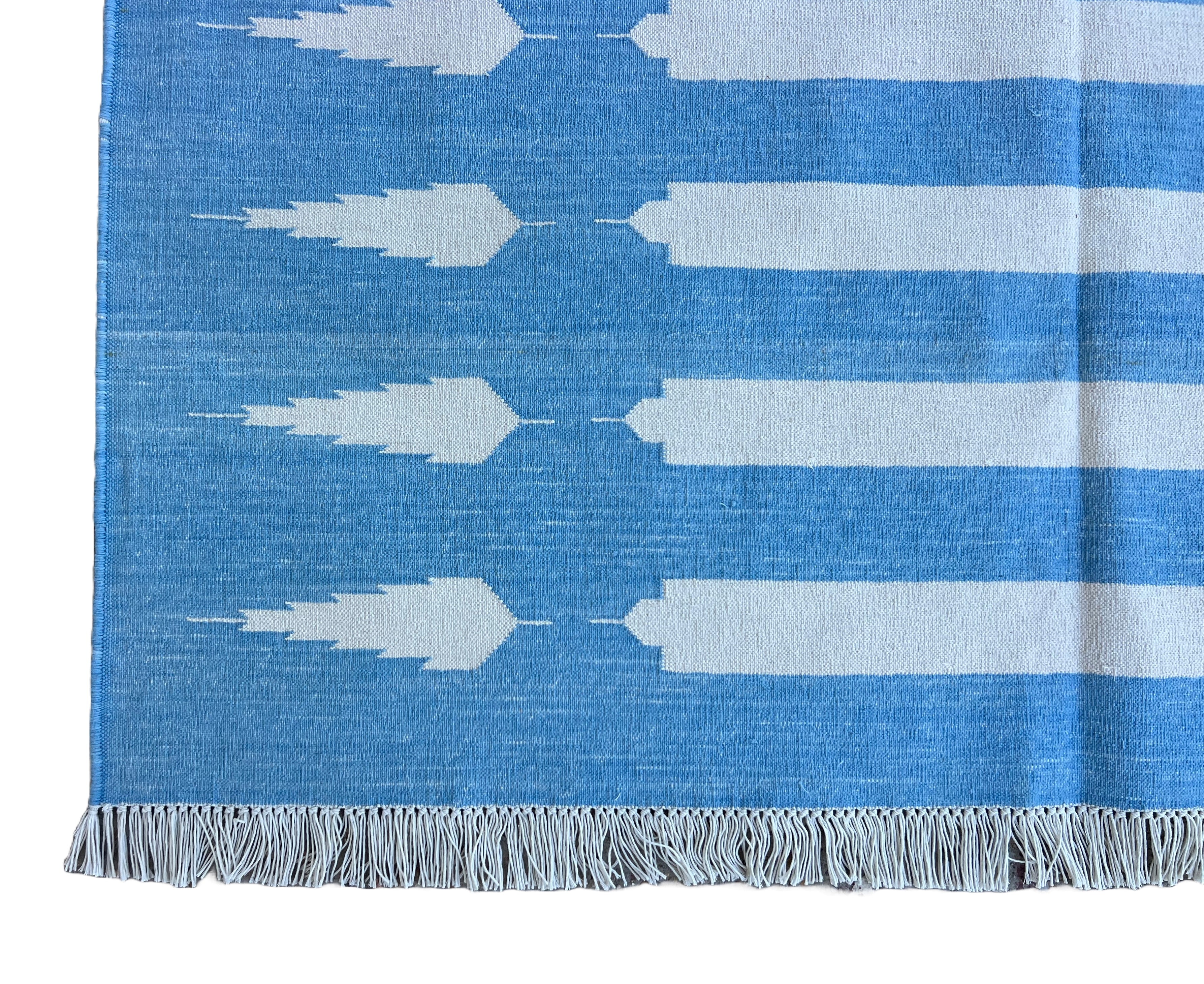 Modern Handmade Cotton Sky Blue And White Striped Dhurrie Runner-6792
