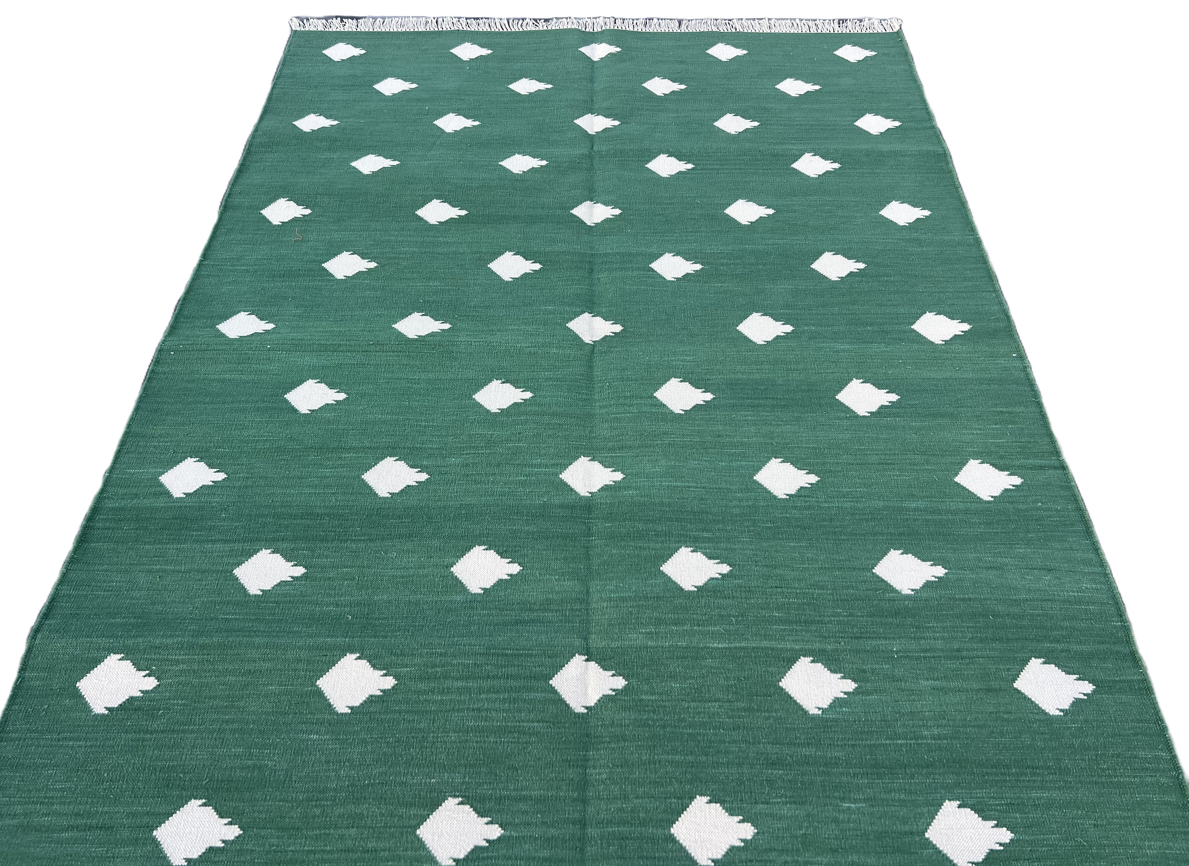 Modern Handmade Cotton Forest Green And White Leaf Patterned Area Rug-6851
