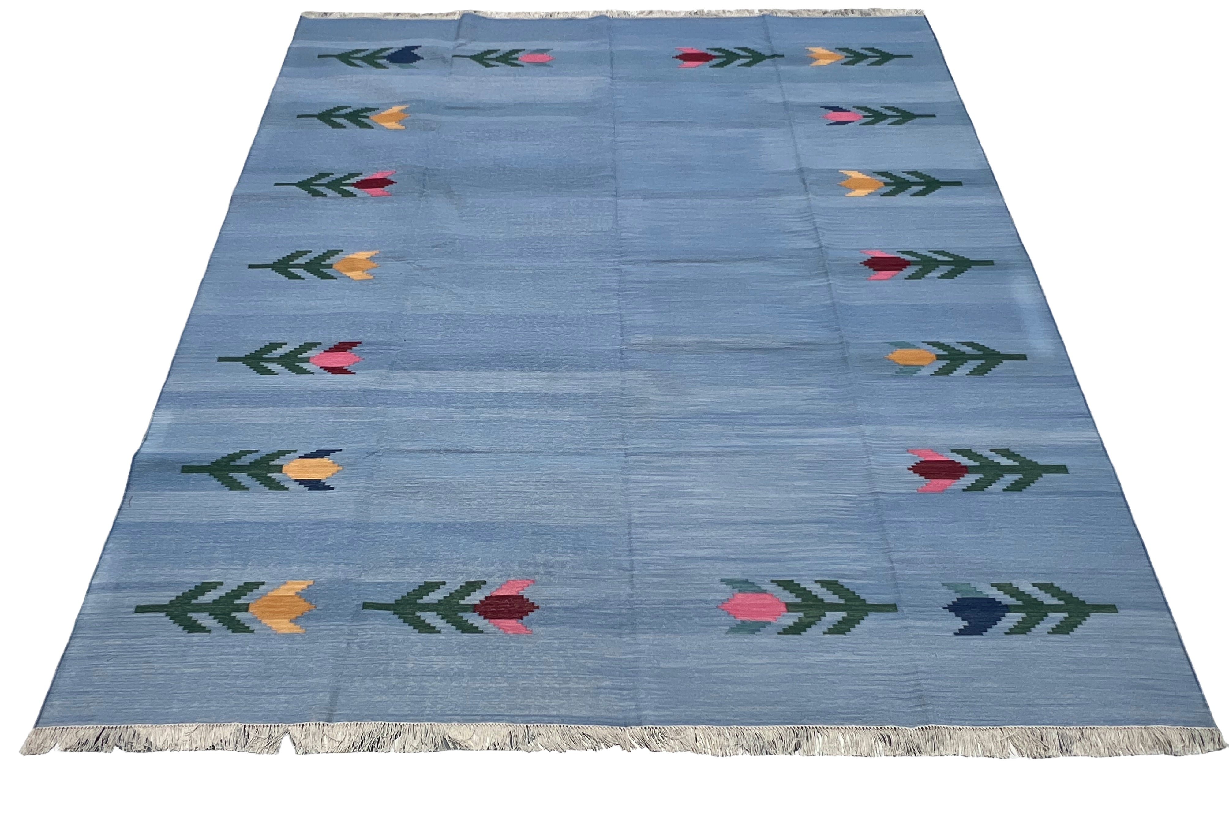Modern Handmade Cotton Sky Blue Leaf Patterned Area Rug-6839