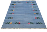 Modern Handmade Cotton Sky Blue Leaf Patterned Area Rug-6839