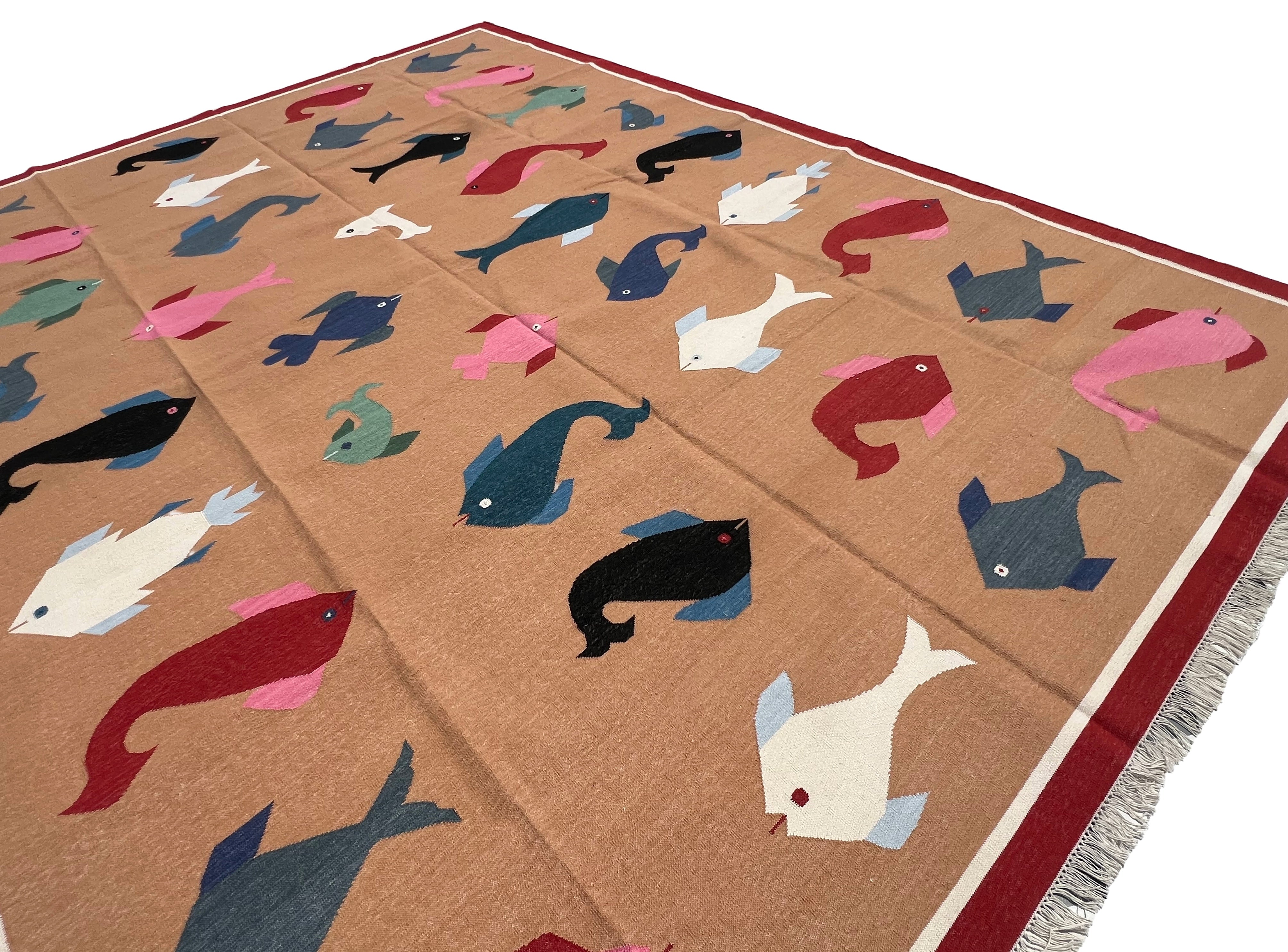 Modern Handmade Cotton Tan And Red Fish Patterned Area Rug-6840