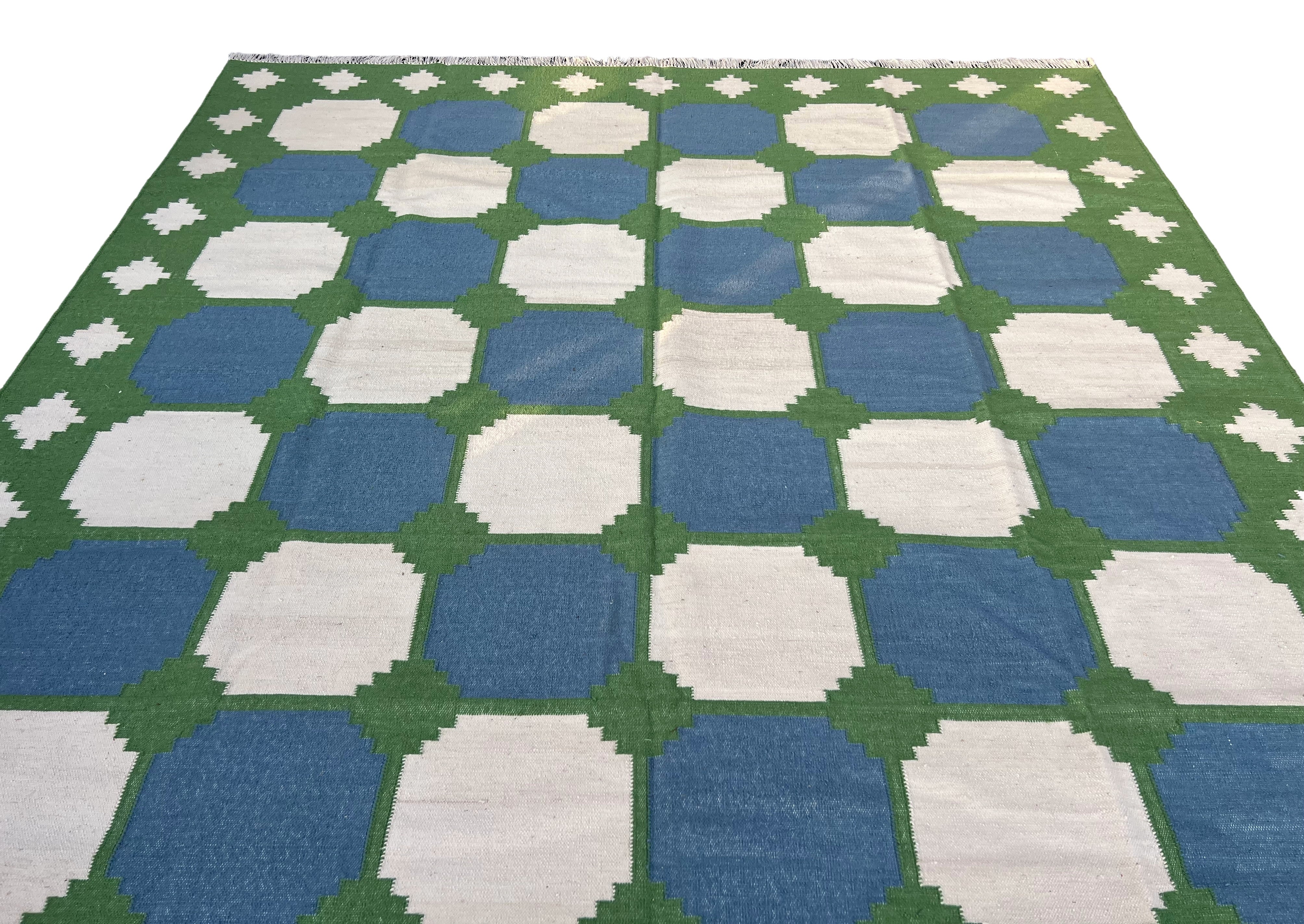 Modern Handmade Woolen Sky Blue, Green And Cream Swedish Tile Geometric Rug-6821