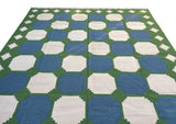 Modern Handmade Woolen Sky Blue, Green And Cream Swedish Tile Geometric Rug-6821