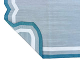 Modern Handmade Cotton Gray, Cream and Teal Blue Scalloped Rug-9661