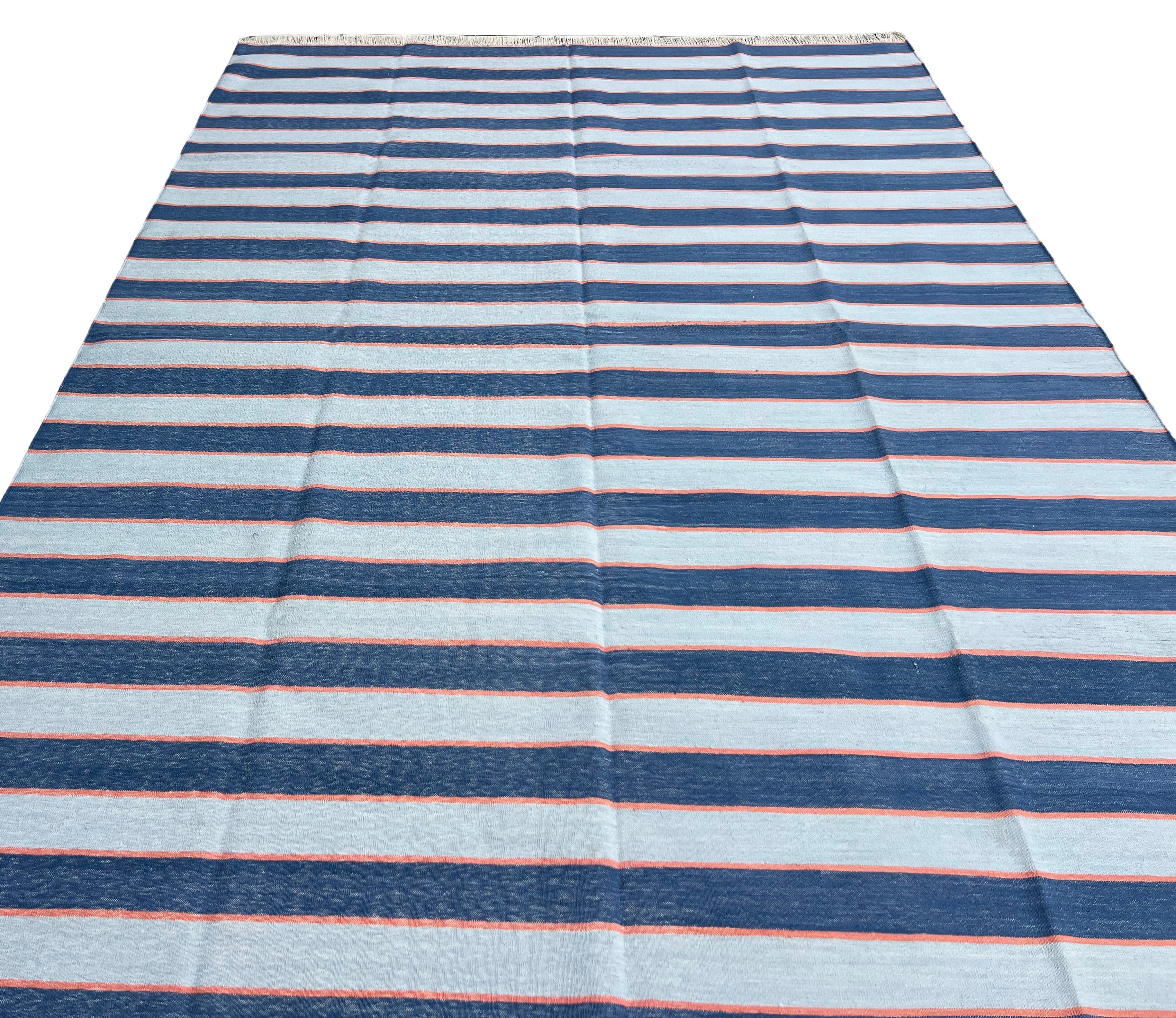 Modern Handmade Cotton Sky Blue And Orange Striped Area Rug-6830