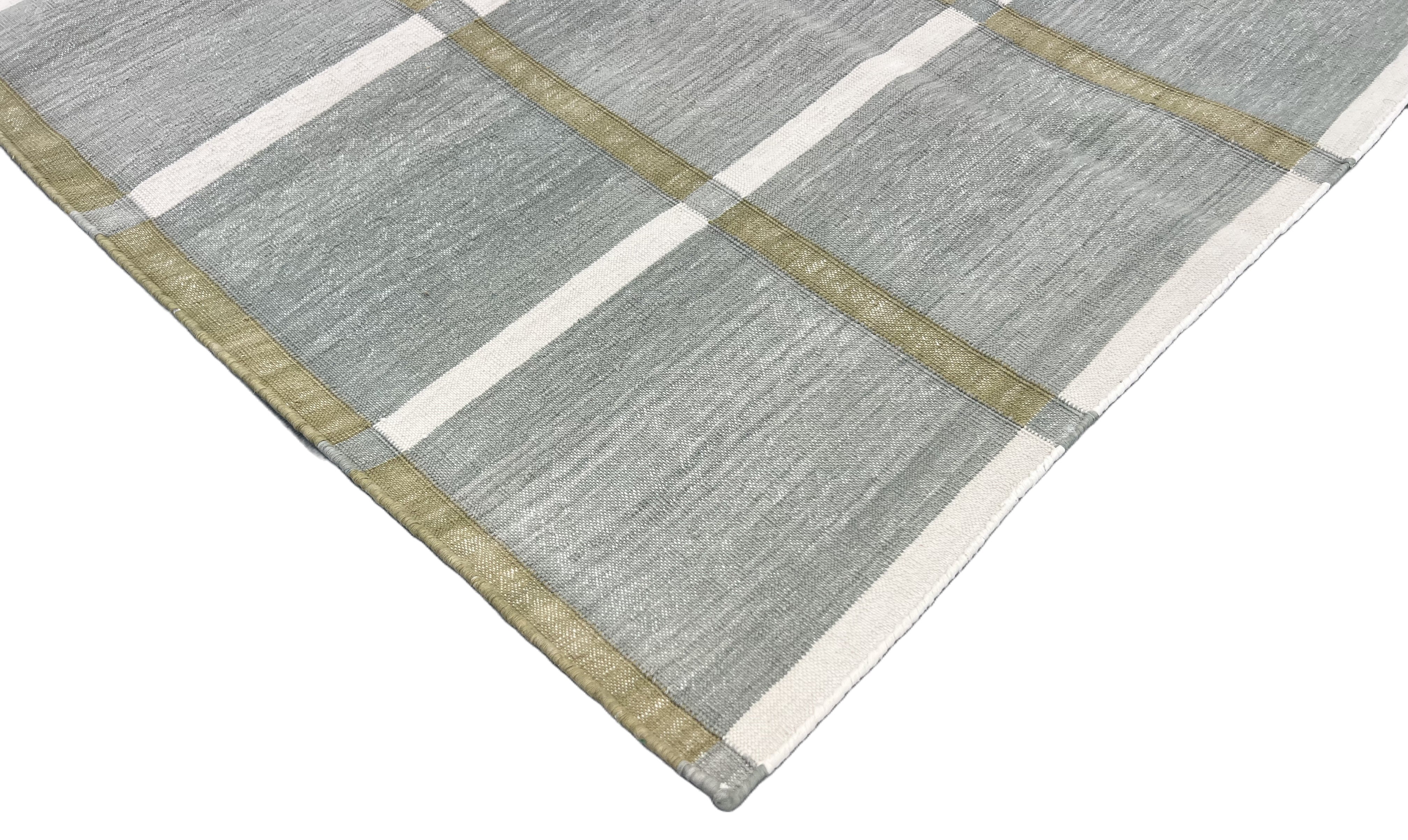 Modern Handmade Cotton Gray, Cream And Olive Green Windowpane Checked Area Rug-6853