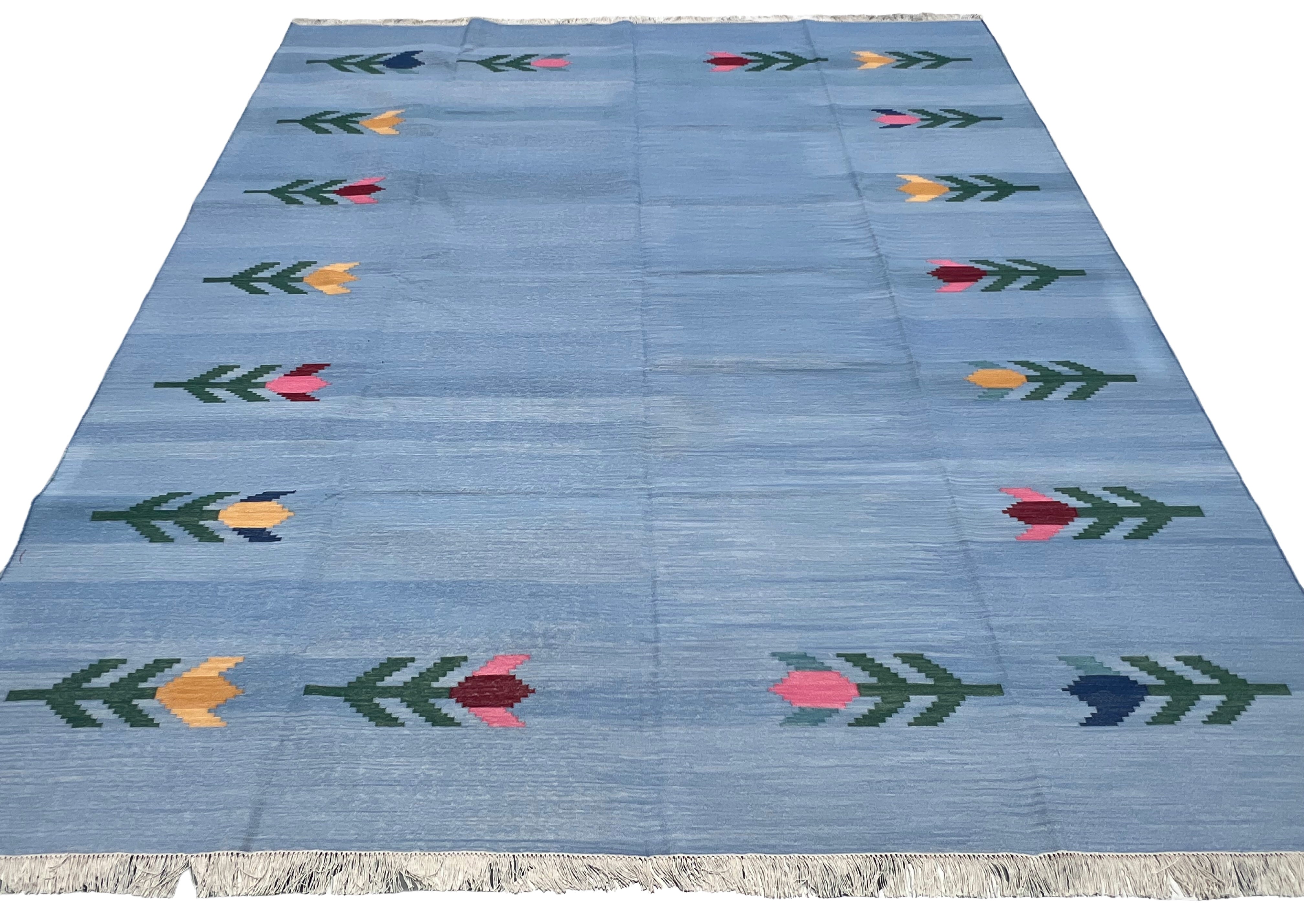 Modern Handmade Cotton Sky Blue Leaf Patterned Area Rug-6839