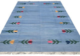 Modern Handmade Cotton Sky Blue Leaf Patterned Area Rug-6839