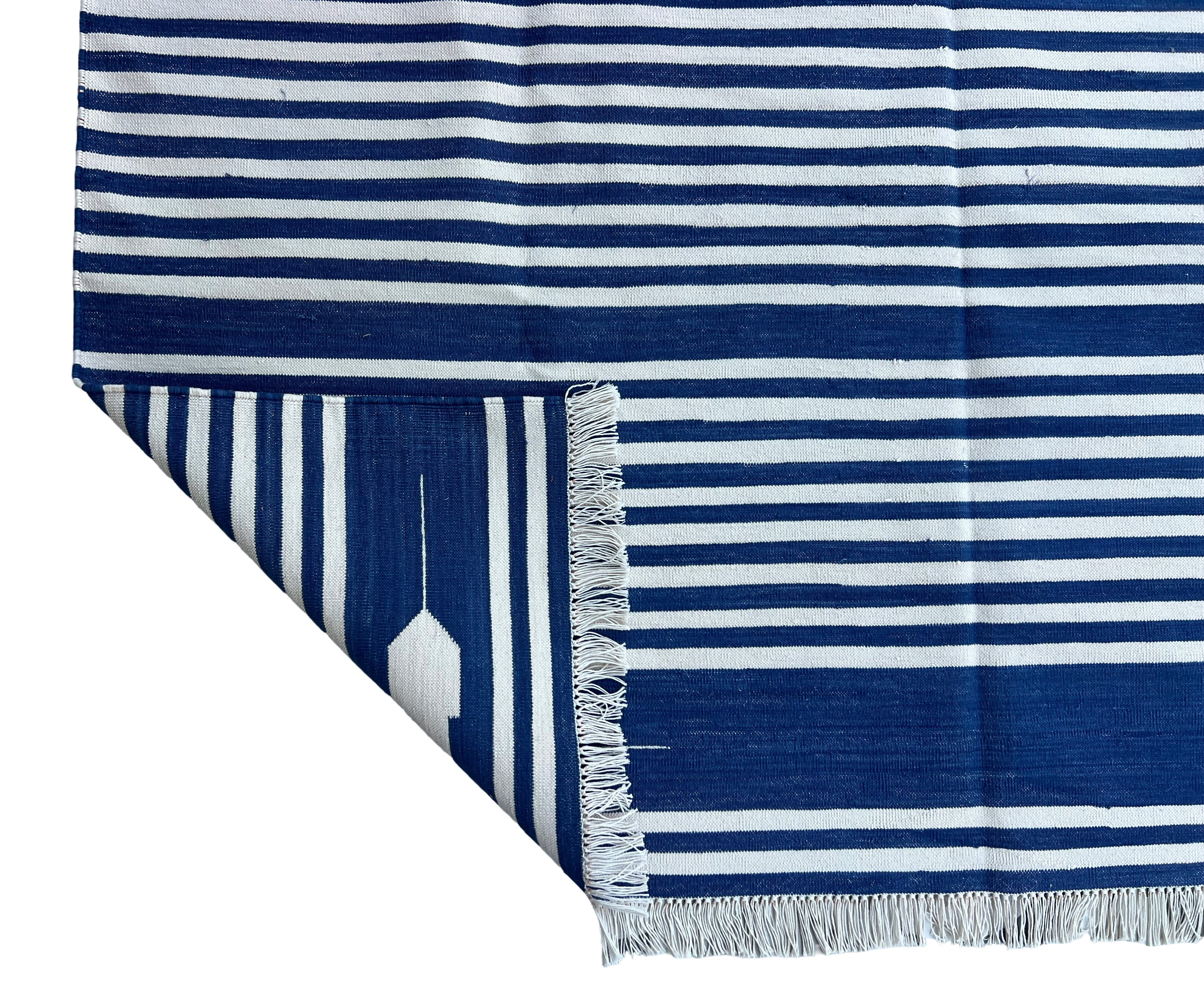 Modern Handmade Cotton Indigo Blue And White Striped Area Rug-6826