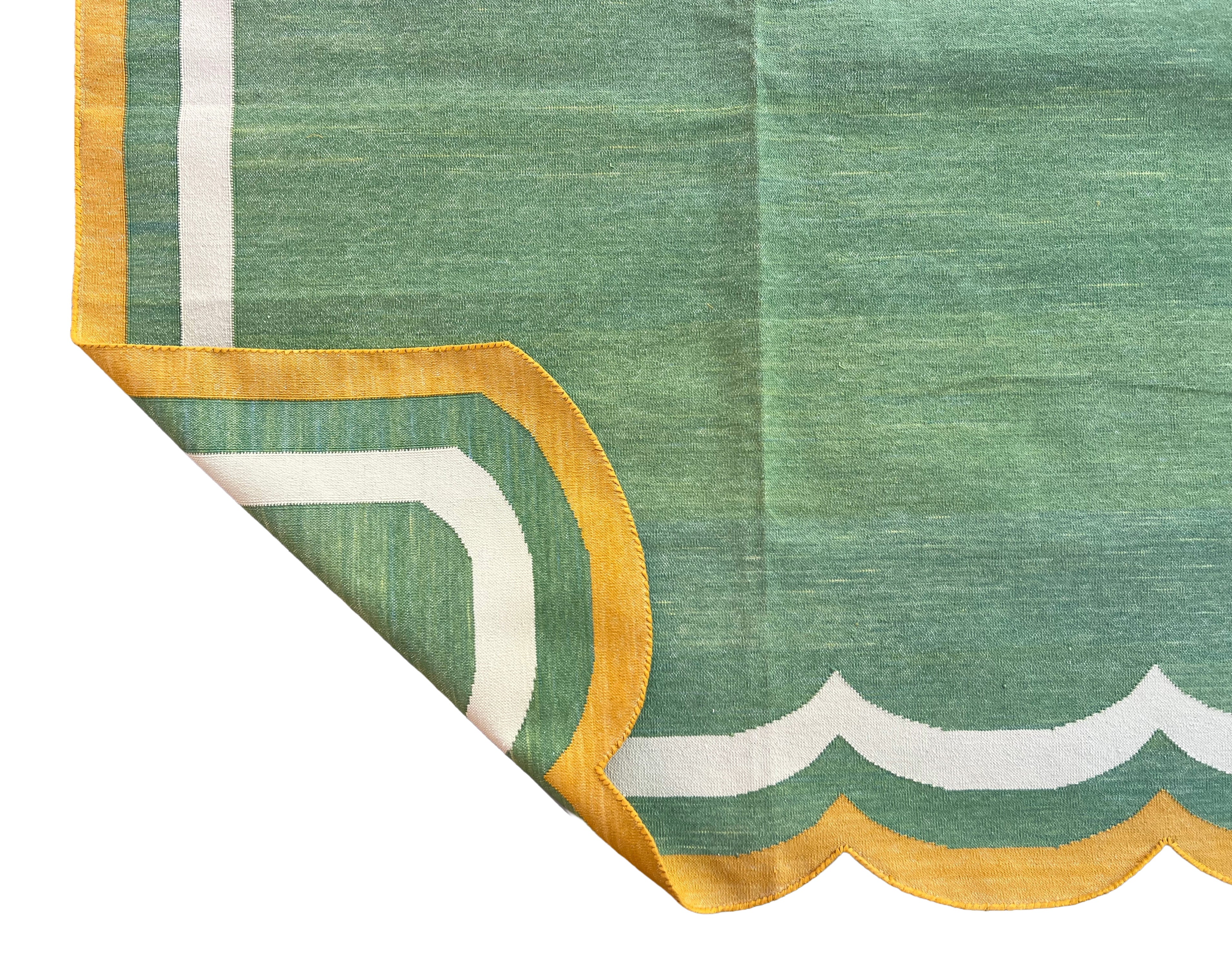Modern Handmade Cotton Moss Green, Cream and Mustard Scalloped Rug-9667