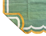 Modern Handmade Cotton Moss Green, Cream and Mustard Scalloped Rug-9667