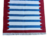 Modern Handmade Cotton Blue, White And Red Scalloped Striped Area Rug-6795