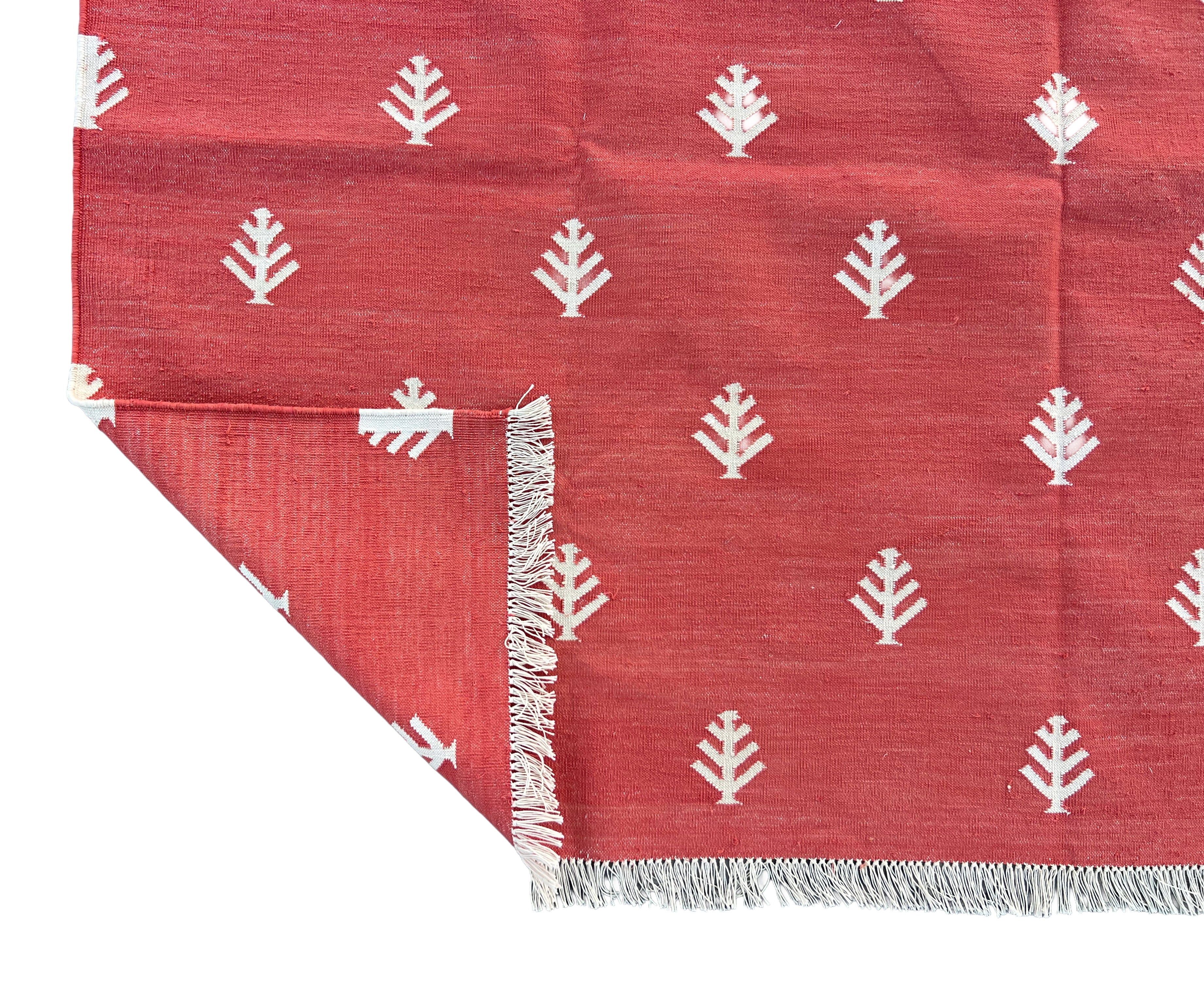 Modern Handmade Cotton Terracotta And White Tree Patterned Area Rug-6844