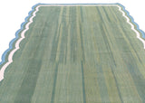 Modern Handmade Cotton Green, Cream and Teal Blue Scalloped Rug-9662
