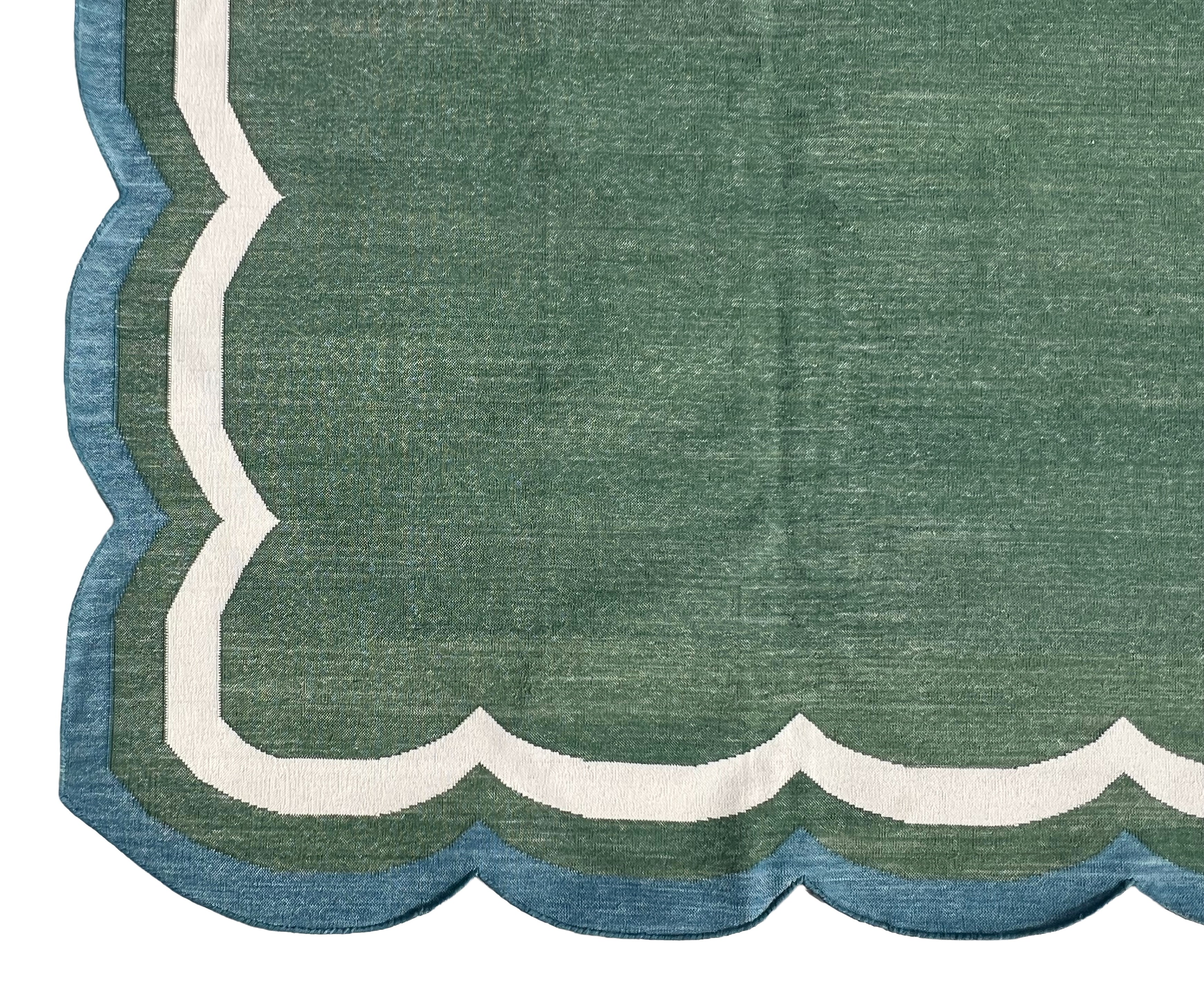 Modern Handmade Cotton Forest Green, Cream And Teal Blue 4 Sided Scalloped Rug-9670