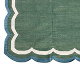 Modern Handmade Cotton Forest Green, Cream And Teal Blue 4 Sided Scalloped Rug-9670