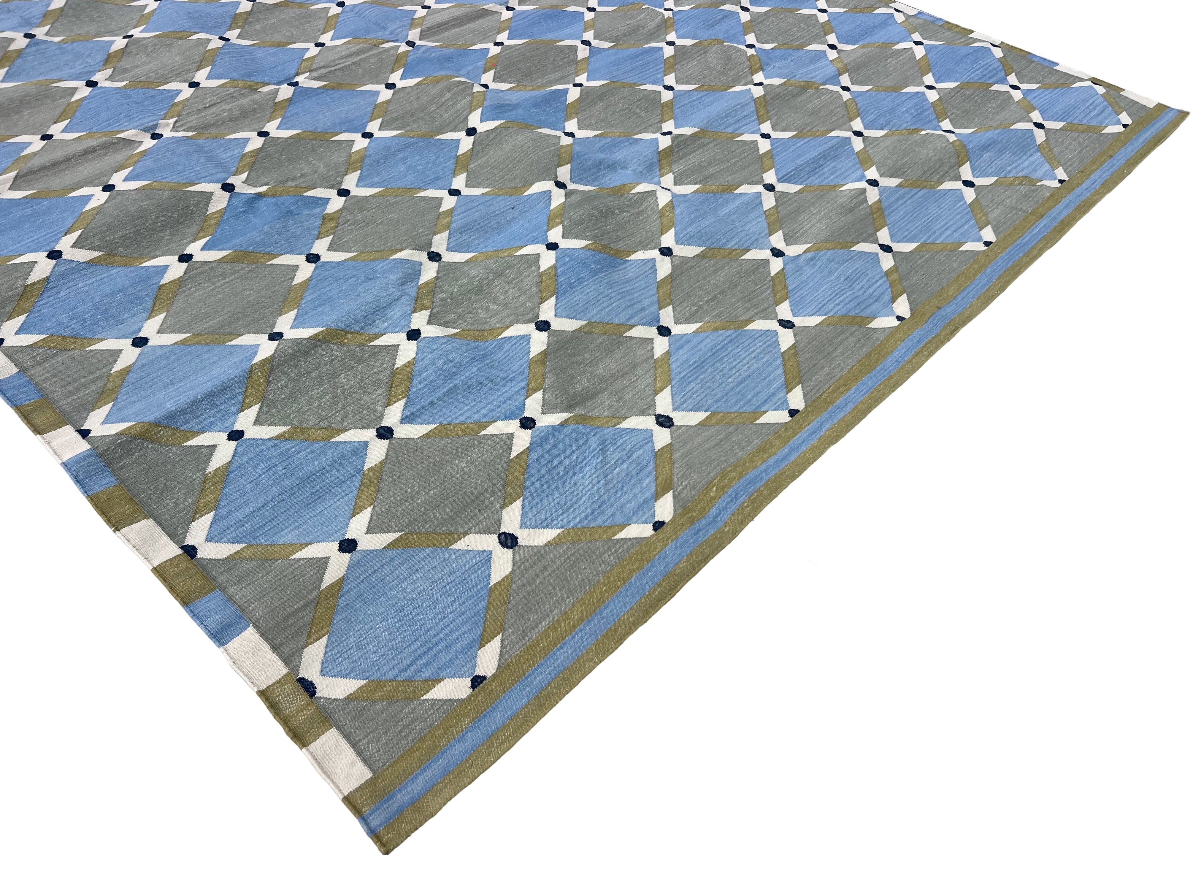 Modern Handmade Cotton Grey, Blue, Cream And Green Geometric Area Rug-6834