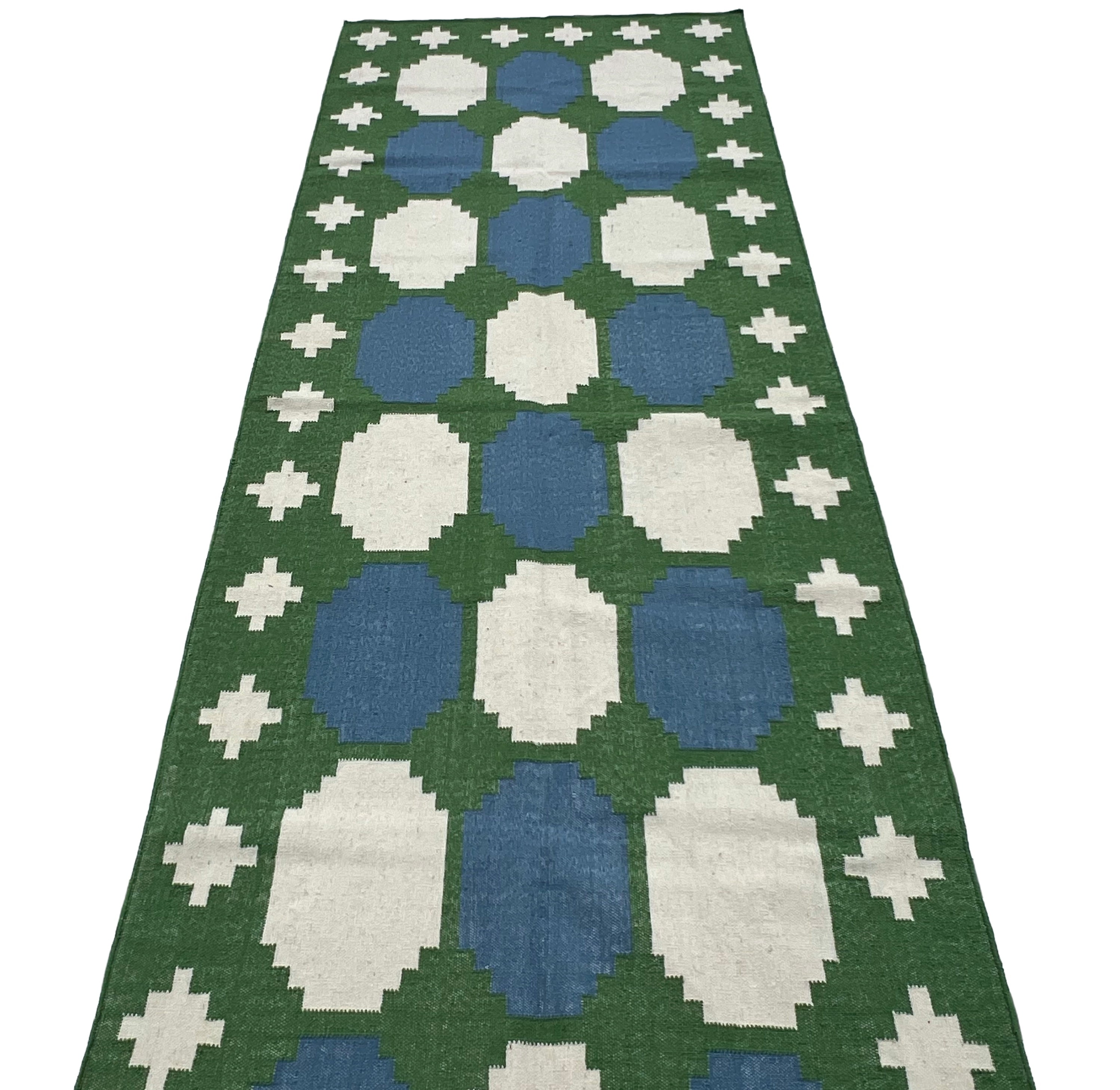 Modern Handmade New Zealand Wool Moss Green, Cream And Sky Blue Geometric Runner-6838