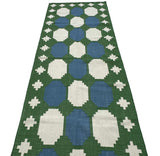 Modern Handmade New Zealand Wool Moss Green, Cream And Sky Blue Geometric Runner-6838