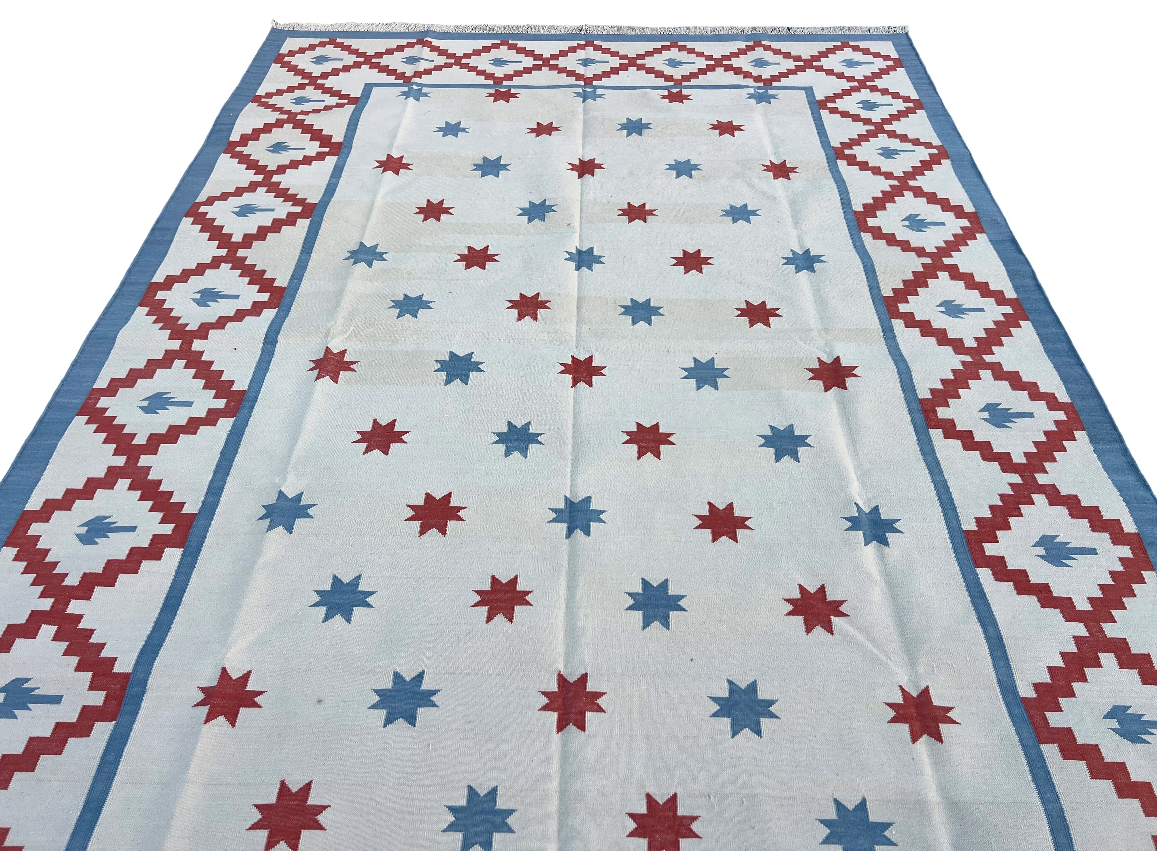 Modern Handmade Cotton Sky Blue, Cream And Terracotta Area Star Rug-6843