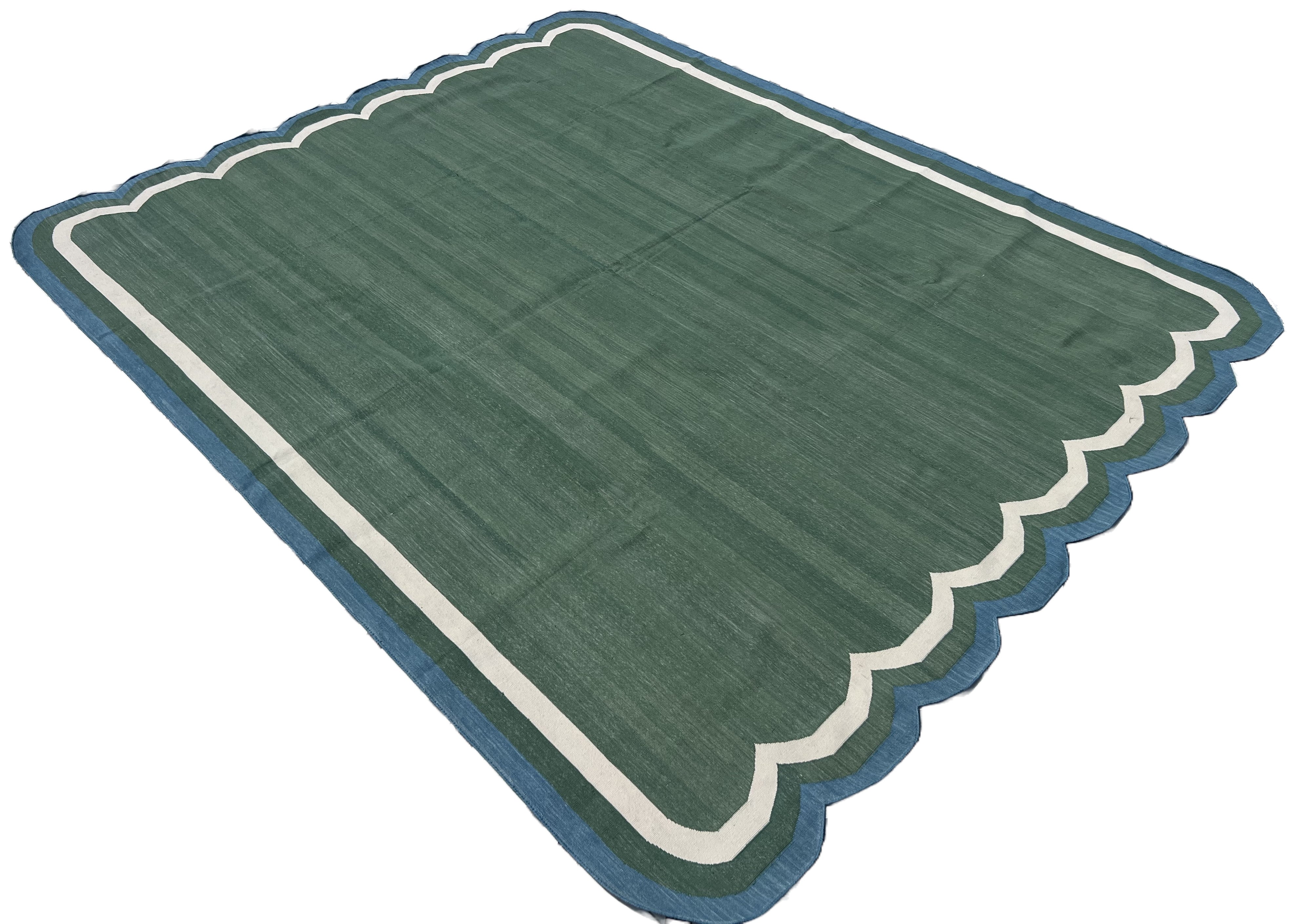 Modern Handmade Cotton Forest Green, Cream And Teal Blue Two Sided Scalloped Rug-9671