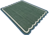 Modern Handmade Cotton Forest Green, Cream And Teal Blue Two Sided Scalloped Rug-9671