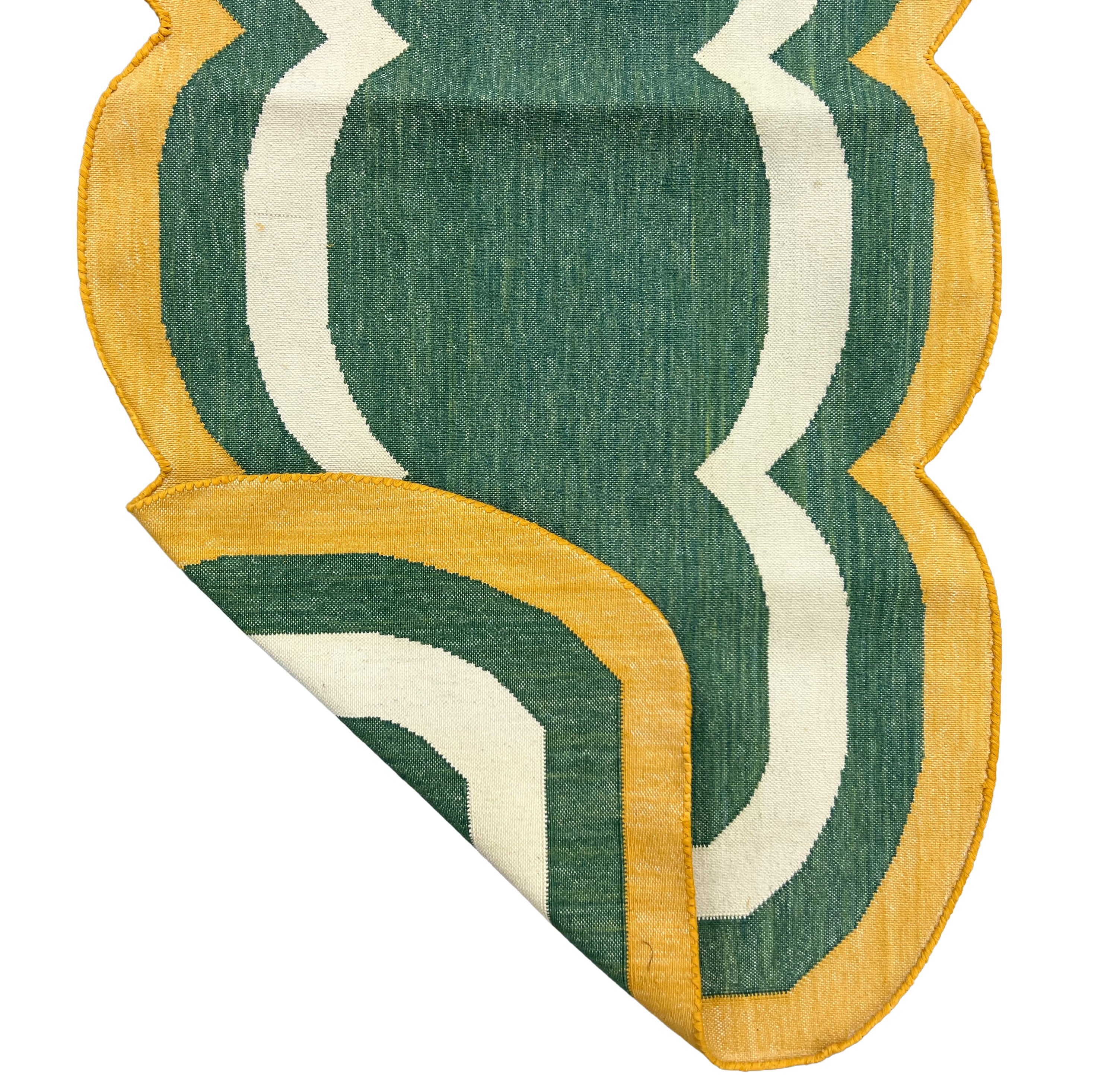 Modern Handmade Cotton Rug, 2x8 Green And Mustard Dhurrie Runner -9668