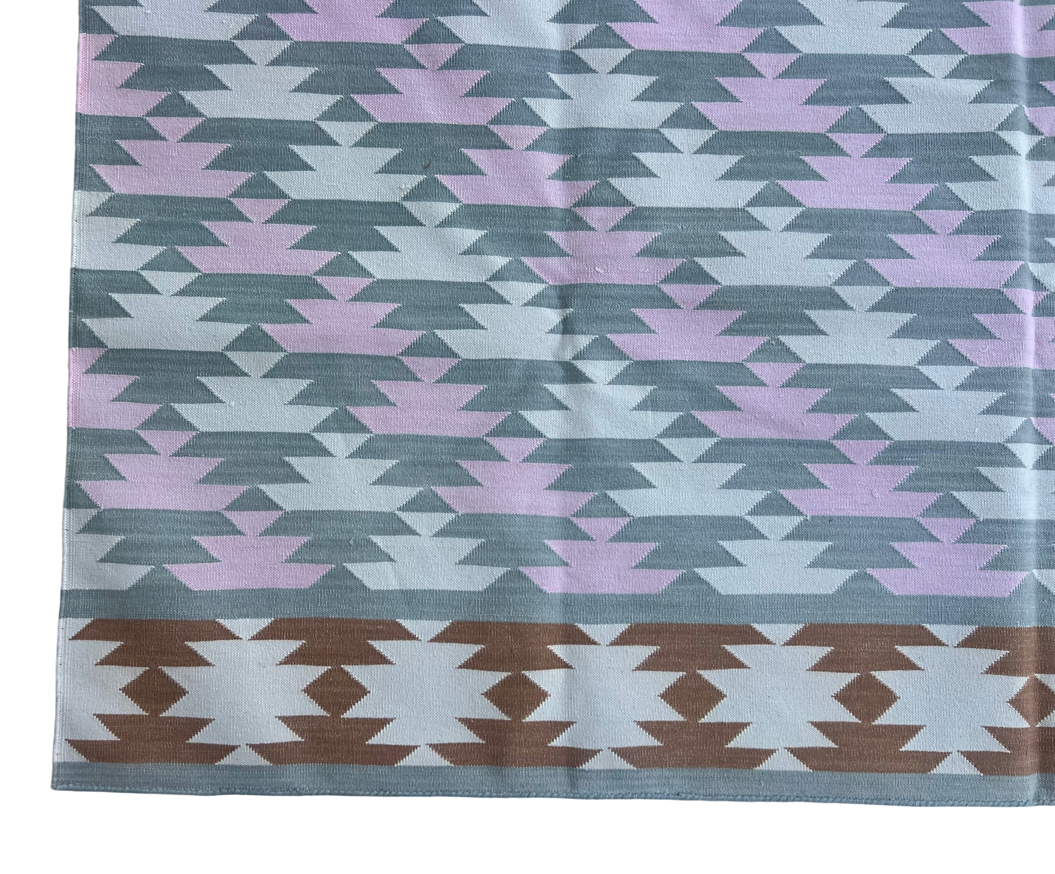 Modern Handmade Cotton Gray, Pink, Cream And Tan Geometric Area Rug-6832