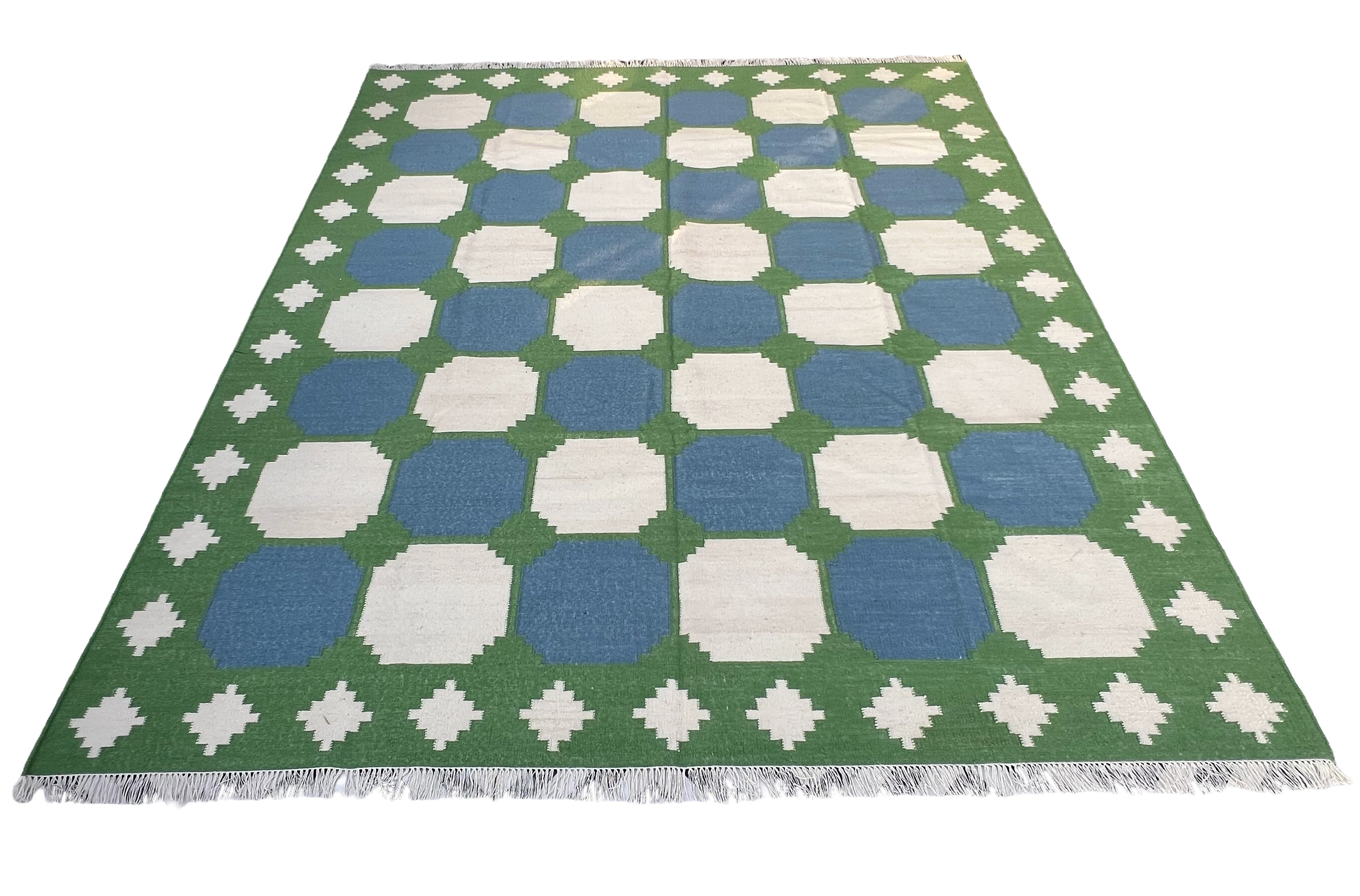 Modern Handmade Woolen Sky Blue, Green And Cream Swedish Tile Geometric Rug-6821