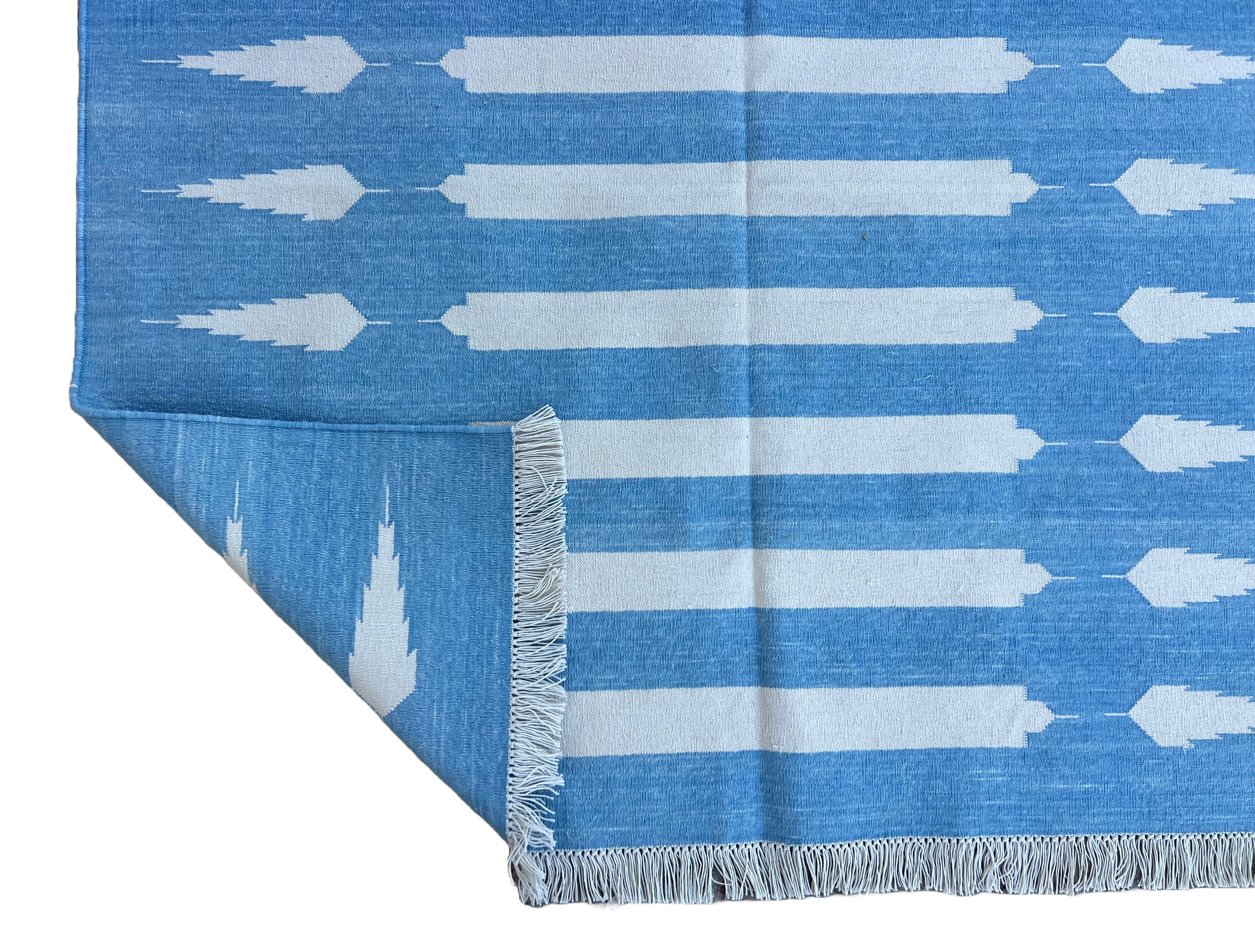 Modern Handmade Cotton Sky Blue And White Striped Dhurrie Runner-6792