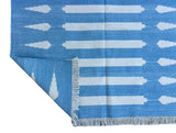 Modern Handmade Cotton Sky Blue And White Striped Dhurrie Runner-6792