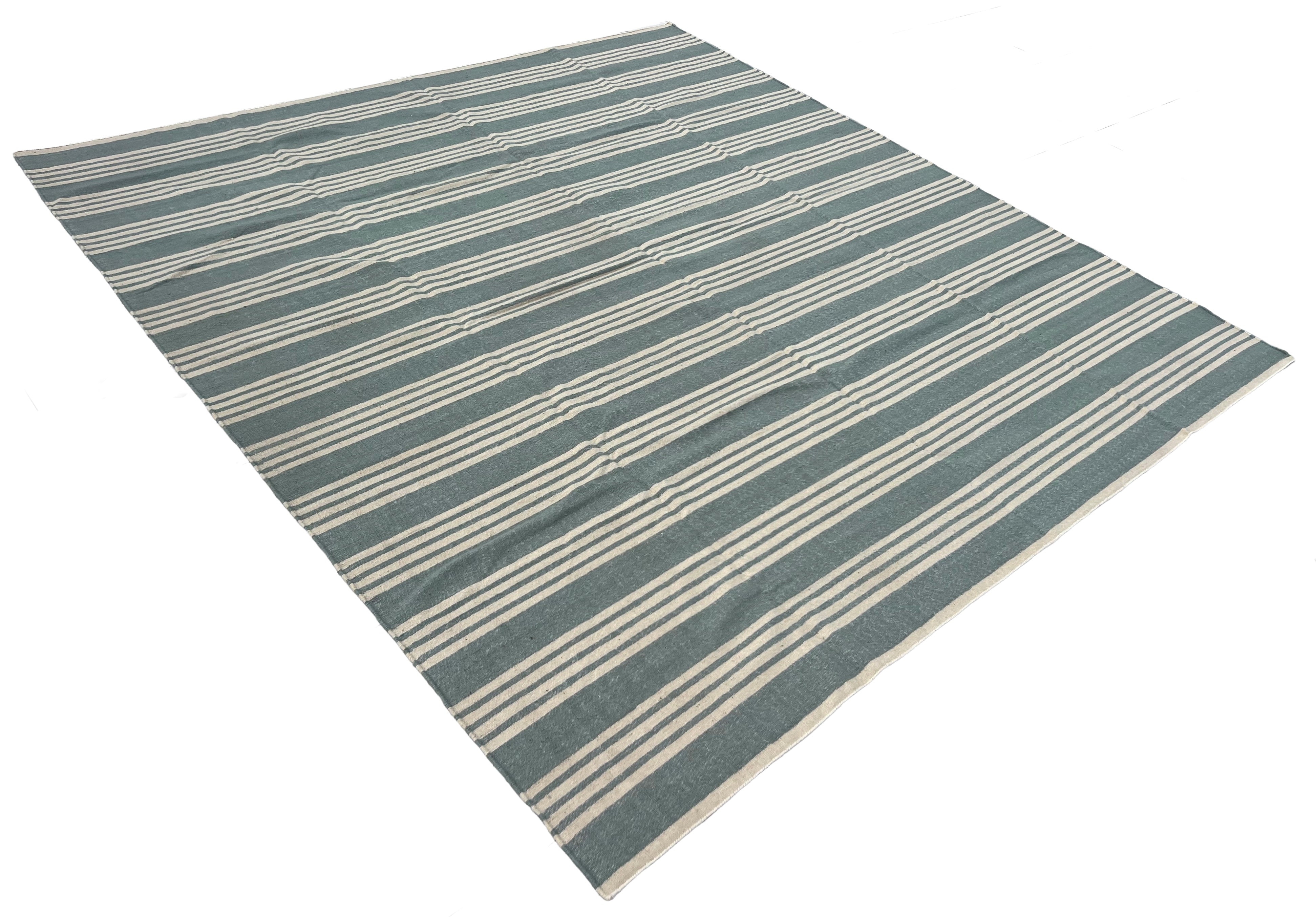 Modern Handmade Woolen Greyish Blue And White Striped Rug-6836