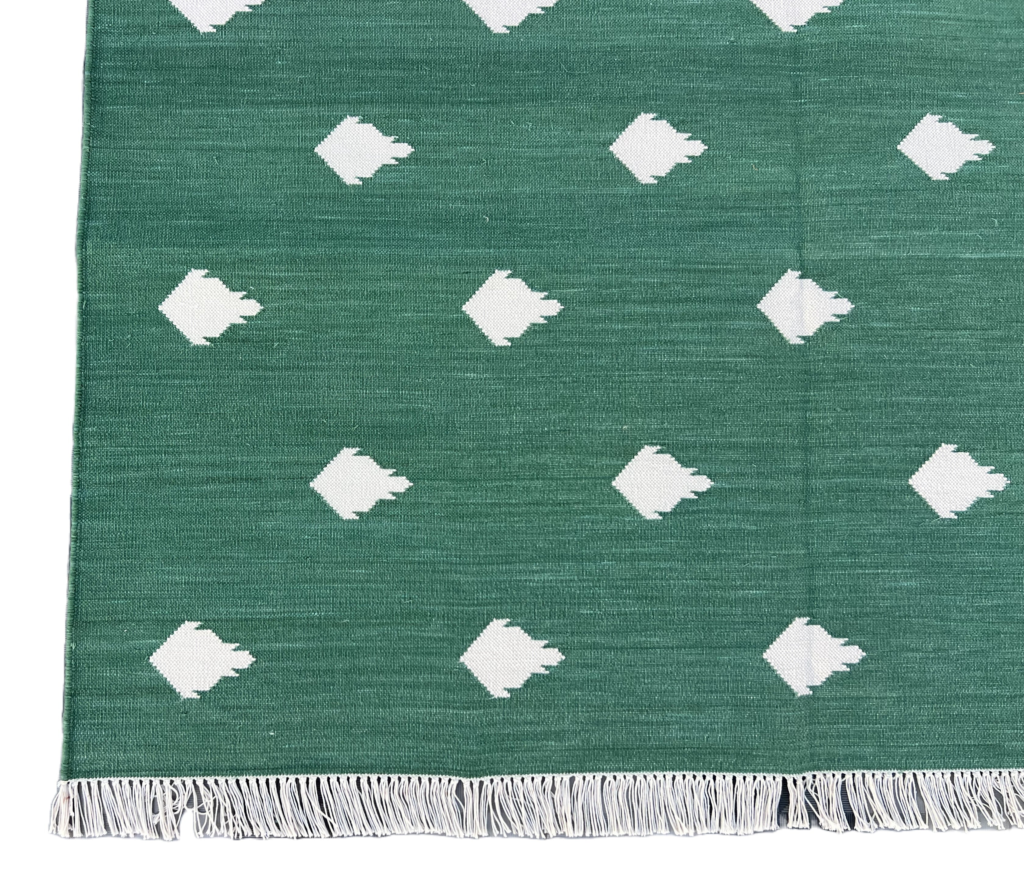 Modern Handmade Cotton Forest Green And White Leaf Patterned Area Rug-6851