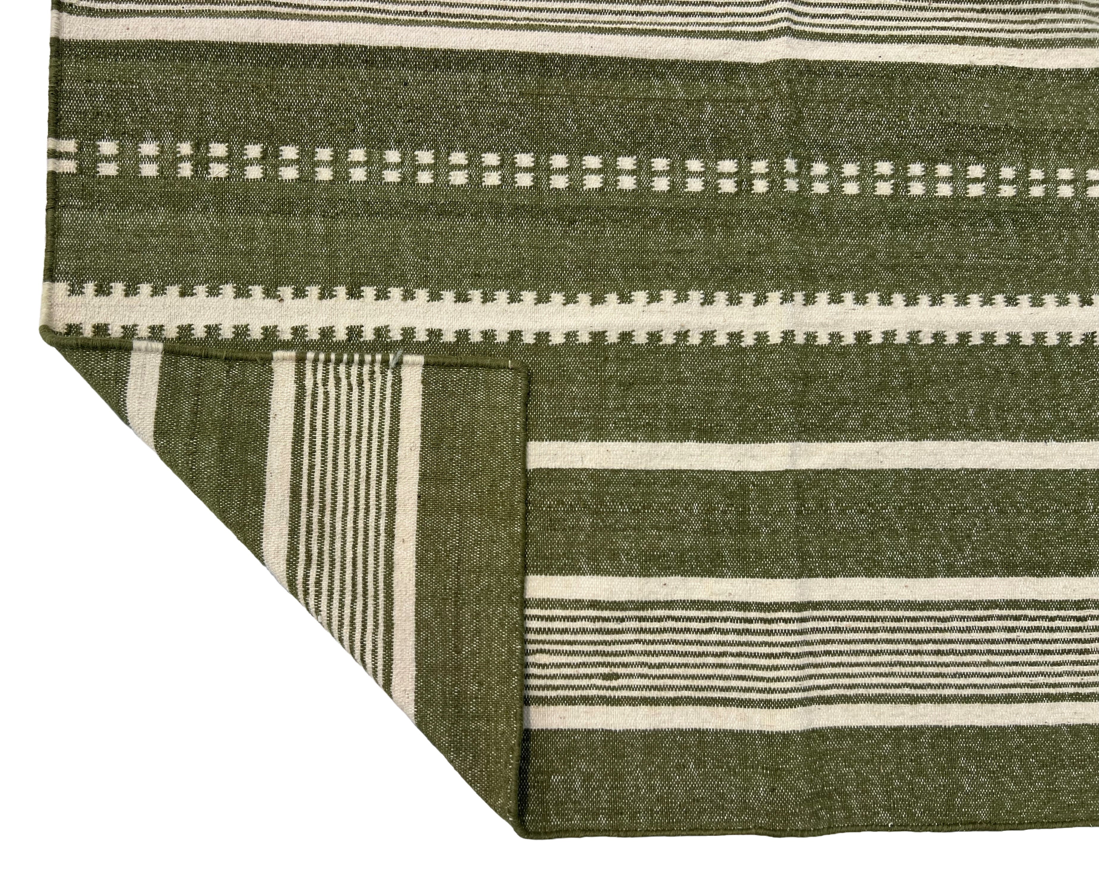 Modern Handmade Woolen Olive Green And White Striped Rug-6837