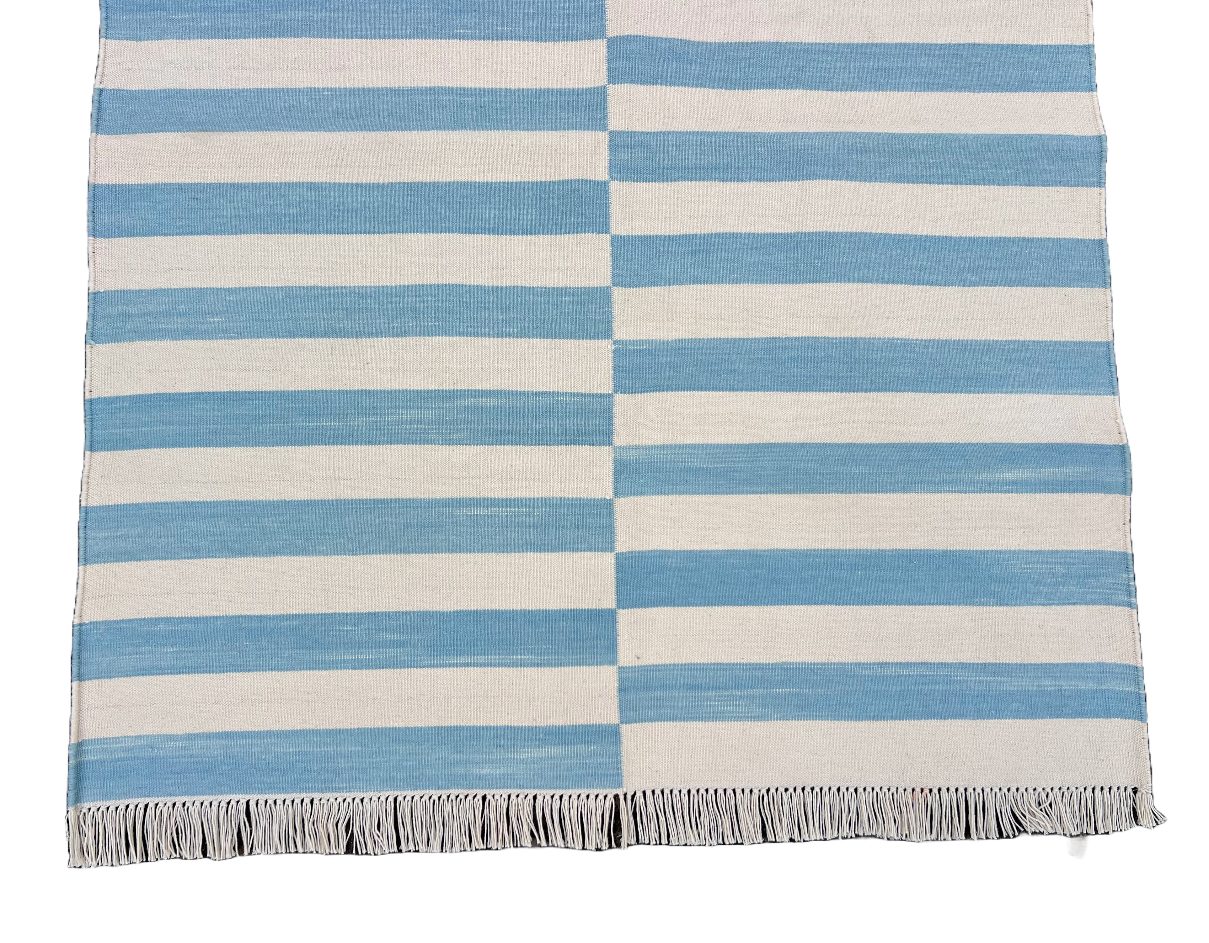 Modern Handmade Cotton Sky Blue And White Up Down Striped Runner-6761