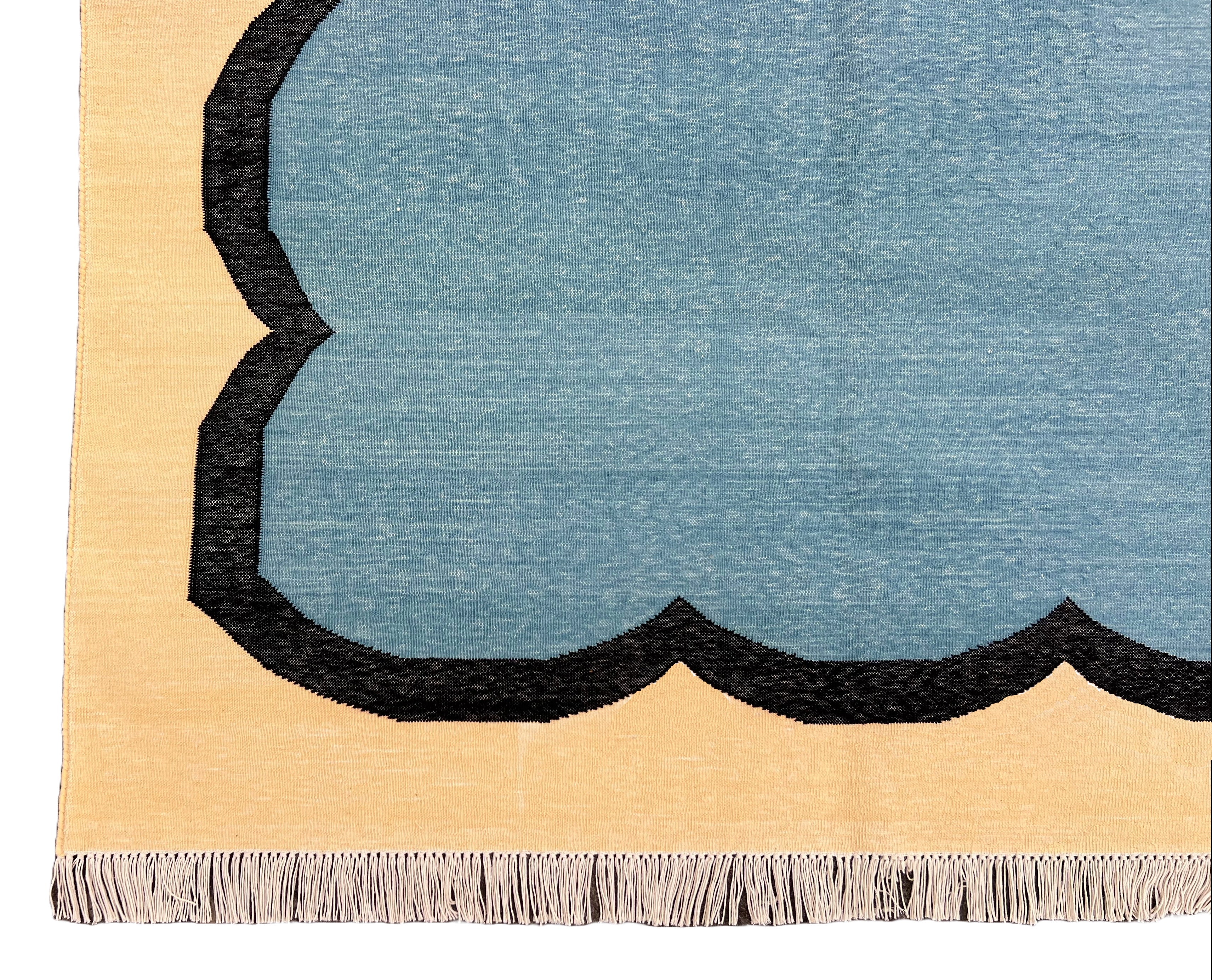 Modern Handmade Cotton Teal Blue, Black and Cream Scalloped Rug-6766