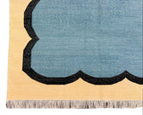 Modern Handmade Cotton Teal Blue, Black and Cream Scalloped Rug-6766