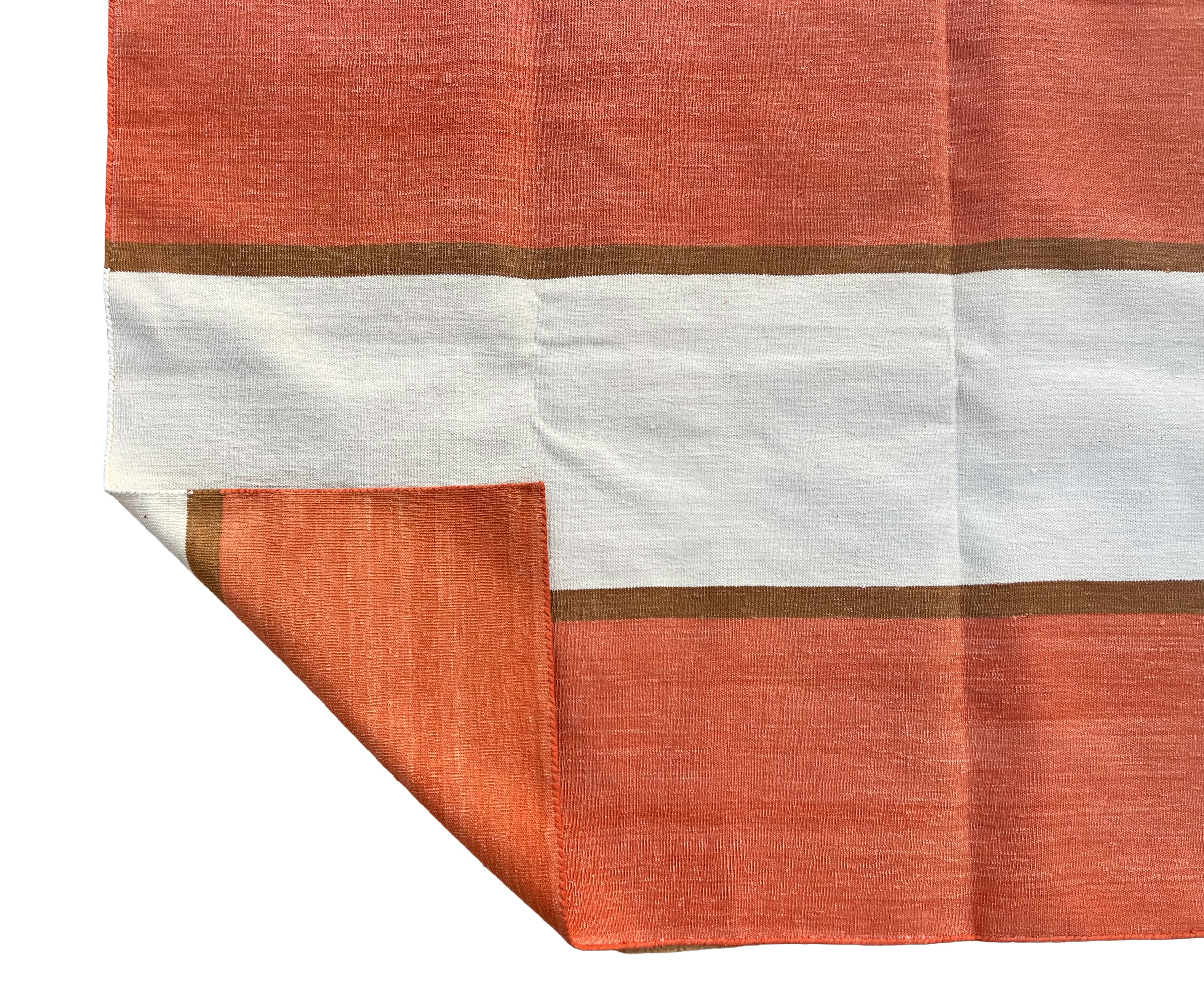Modern Handmade Cotton Orange, Cream And Tan Striped Area Rug-6812