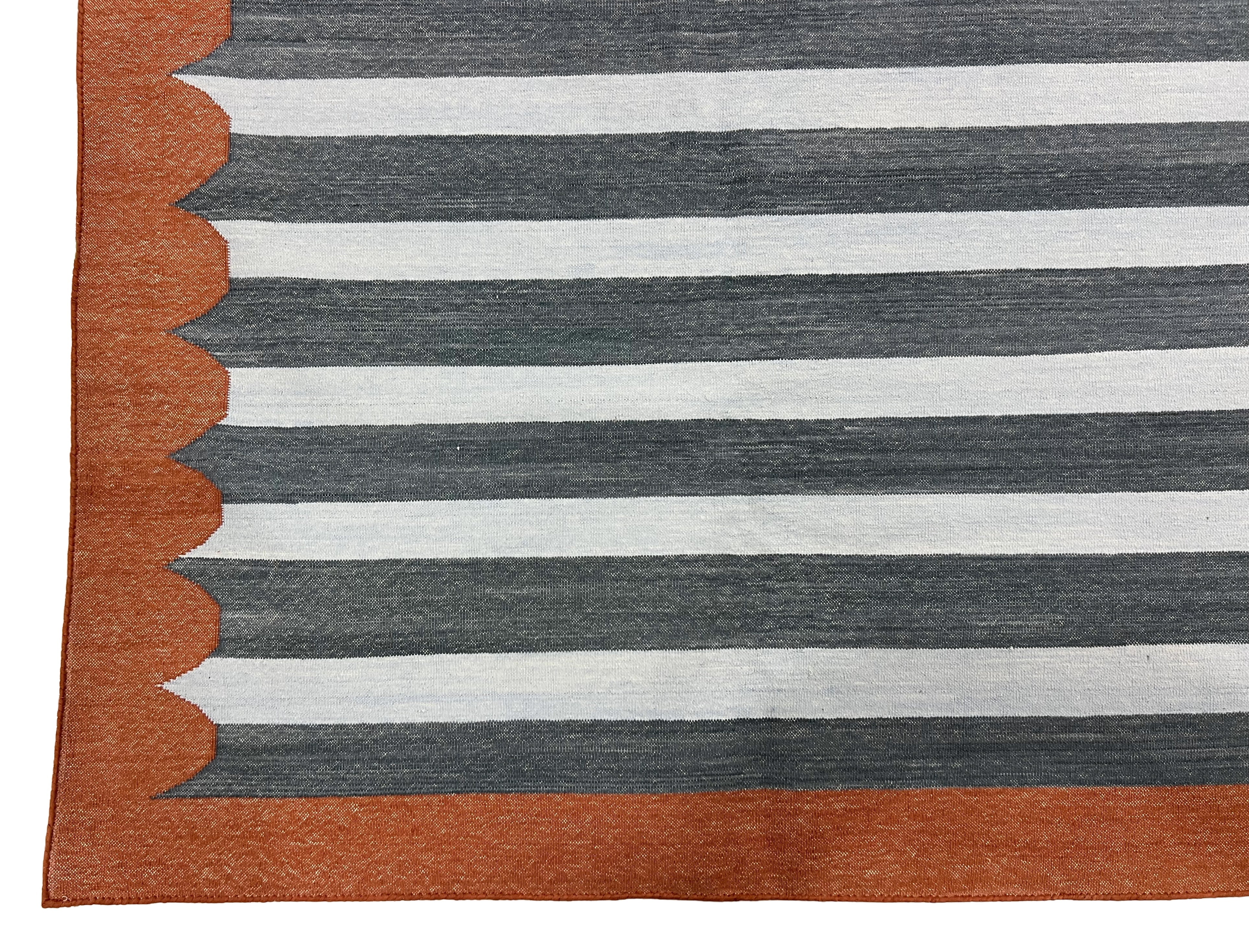 Modern Handmade Cotton Sky Blue, Gray And Terracotta Scalloped Striped Area Rug-6831